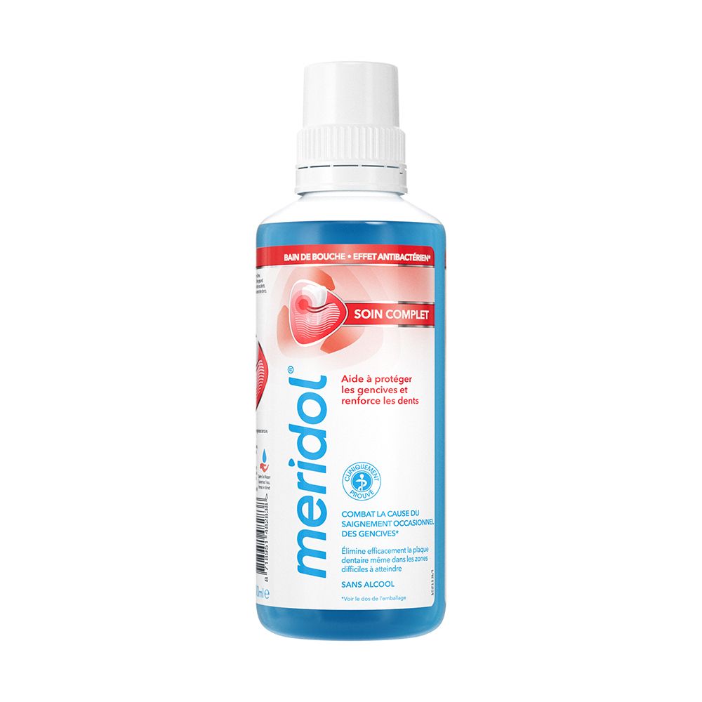 Bain de bouche meridol® en bouteille. Liquide bleu. Bouchon blanc. Étiquettes rouges et bleues. Inscription: Soin Complet.