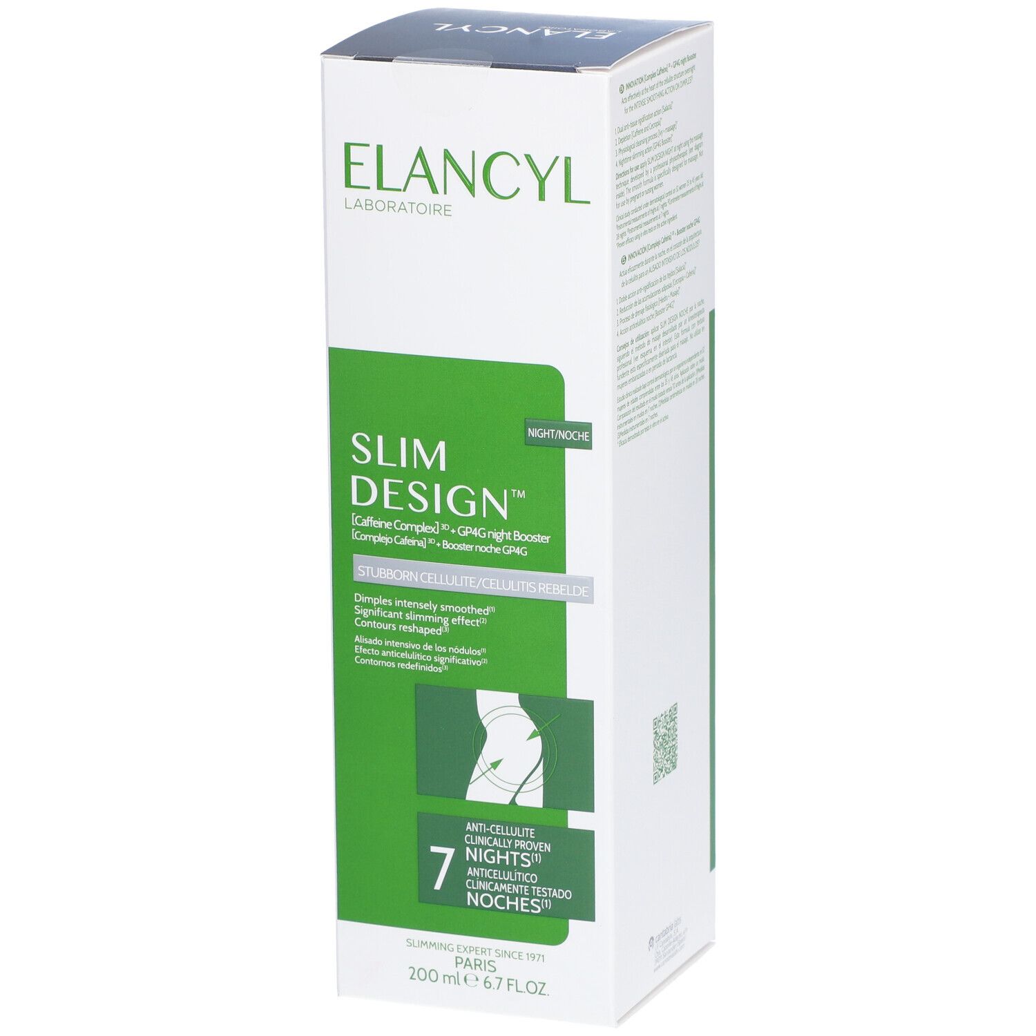 ELANCYL Slim Design Nuit Box. Grün-weiße Verpackung mit Produktinformationen und Logo. 7 Nächte Anti-Cellulite.