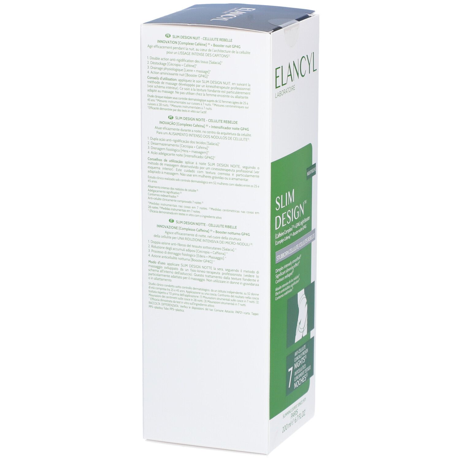 ELANCYL Slim Design Nuit Box. Weiße Verpackung mit Produktinformationen und Logo. Detailansicht der Inhaltsstoffe.