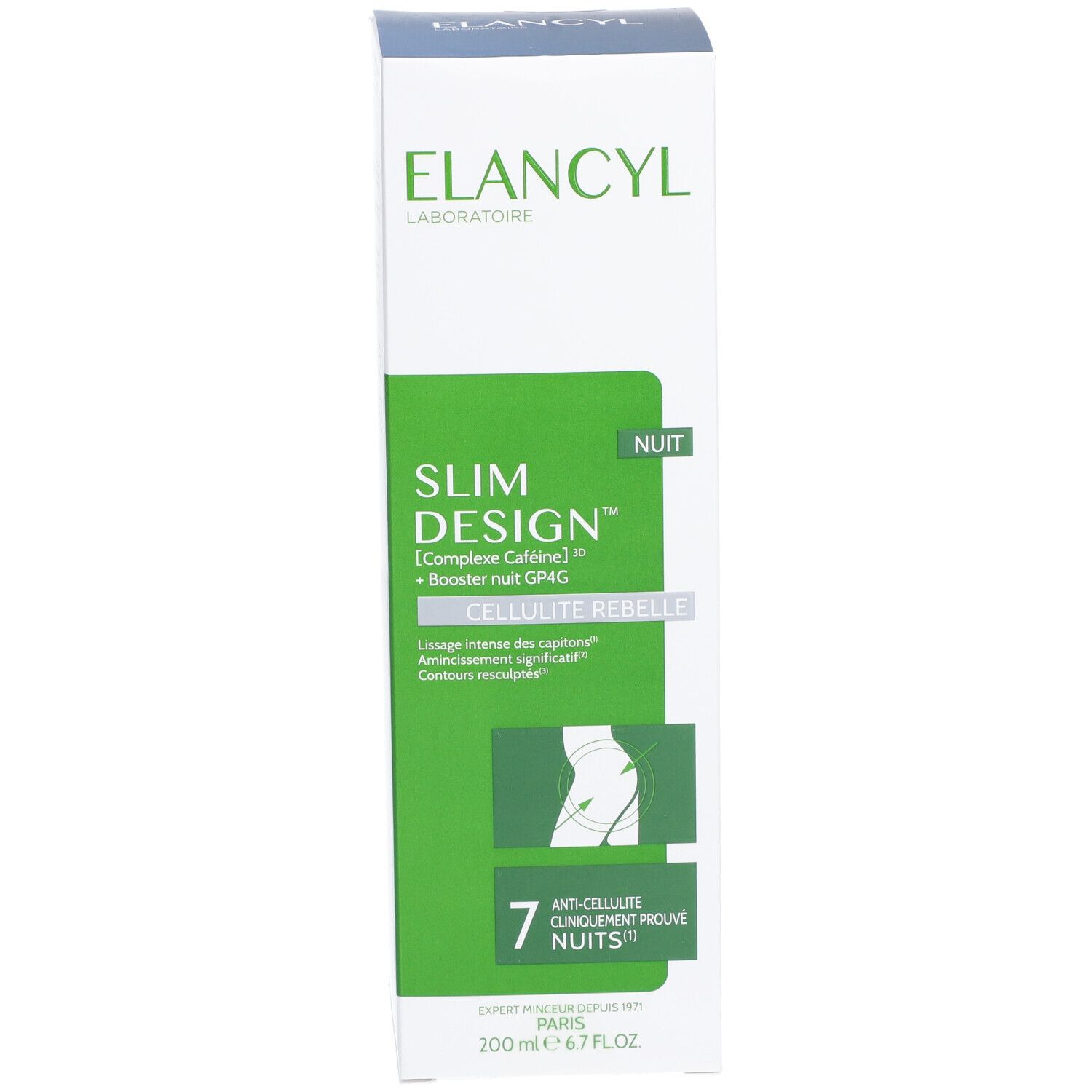ELANCYL Slim Design Nuit Box. Grün-weiße Verpackung mit Produktinformationen und Logo. 7 Nächte Anti-Cellulite.