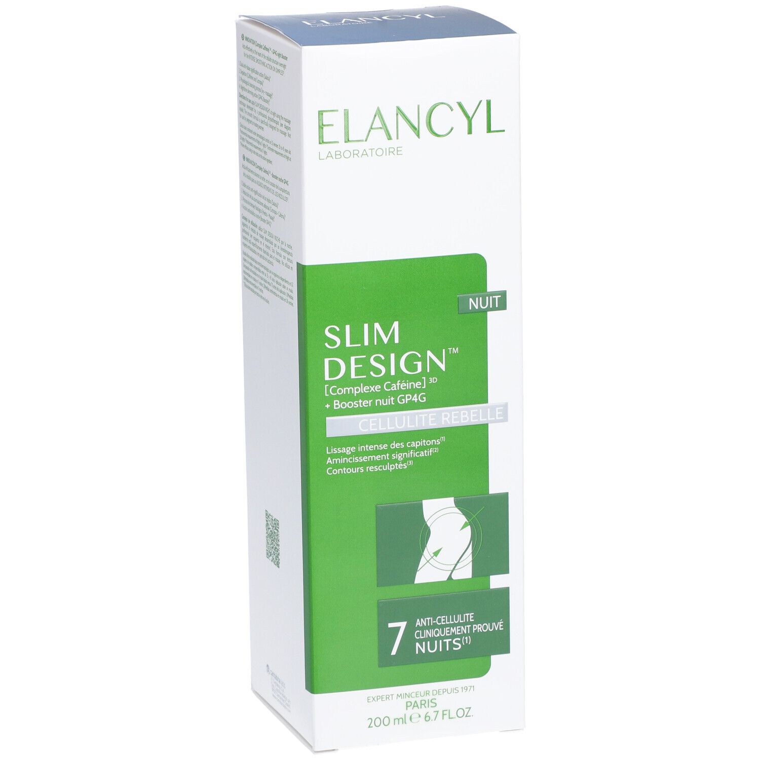 ELANCYL Slim Design Nuit Box. Grün-weiße Verpackung mit Produktinformationen und Logo. 7 Nächte Anti-Cellulite.