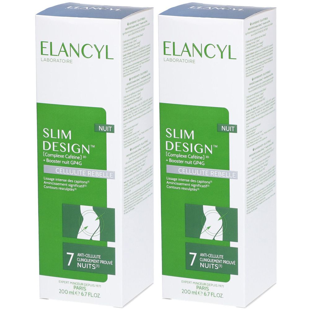 Zwei ELANCYL Slim Design Nuit Boxen. Grün-weiße Verpackung mit Produktinformationen und Logo. 7 Nächte Anti-Cellulite.