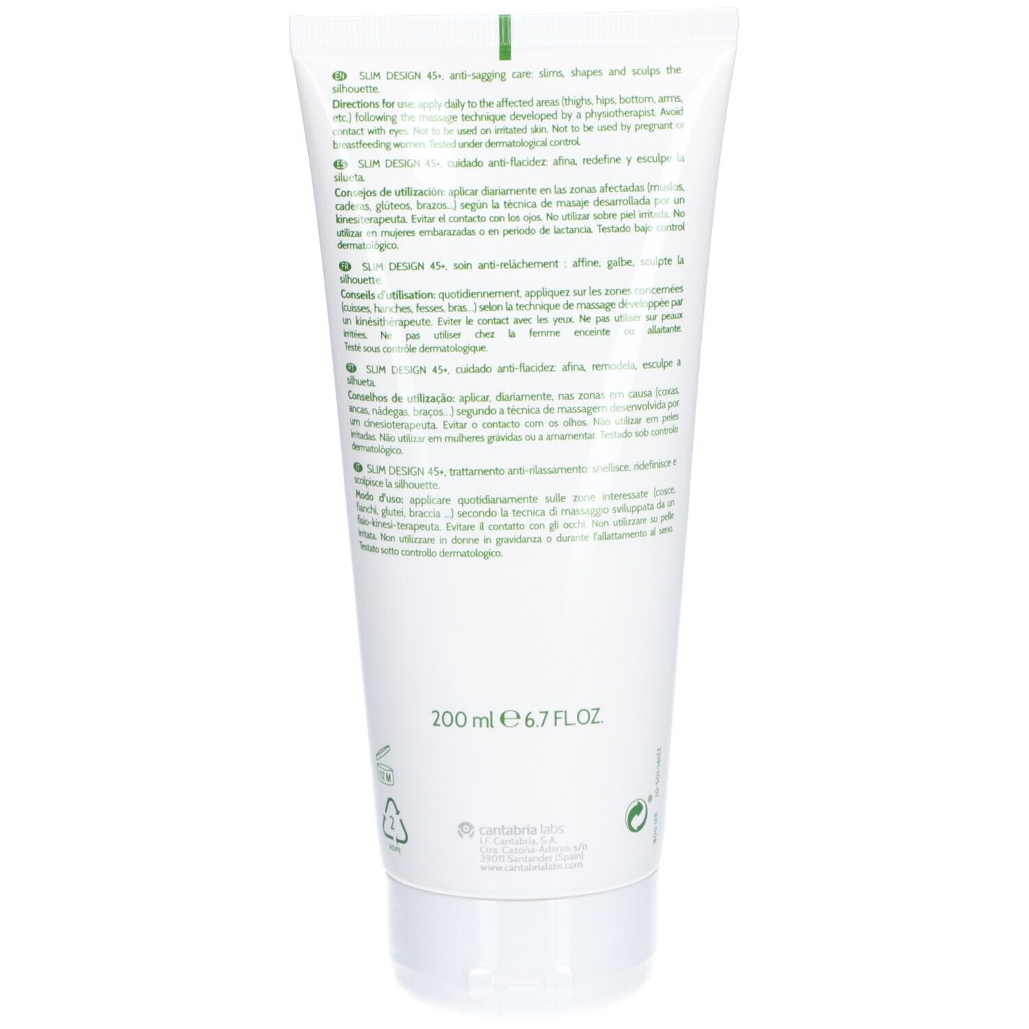 Dos du tube. Texte multilingue. 200 ml. 6.7 FL.OZ. Couleurs vert et blanc.