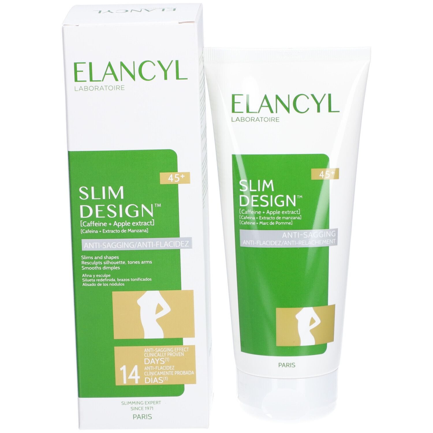 Emballage et tube. Logo ELANCYL, Slim Design, Anti-Relâchement. Silhouette féminine. 14 jours.