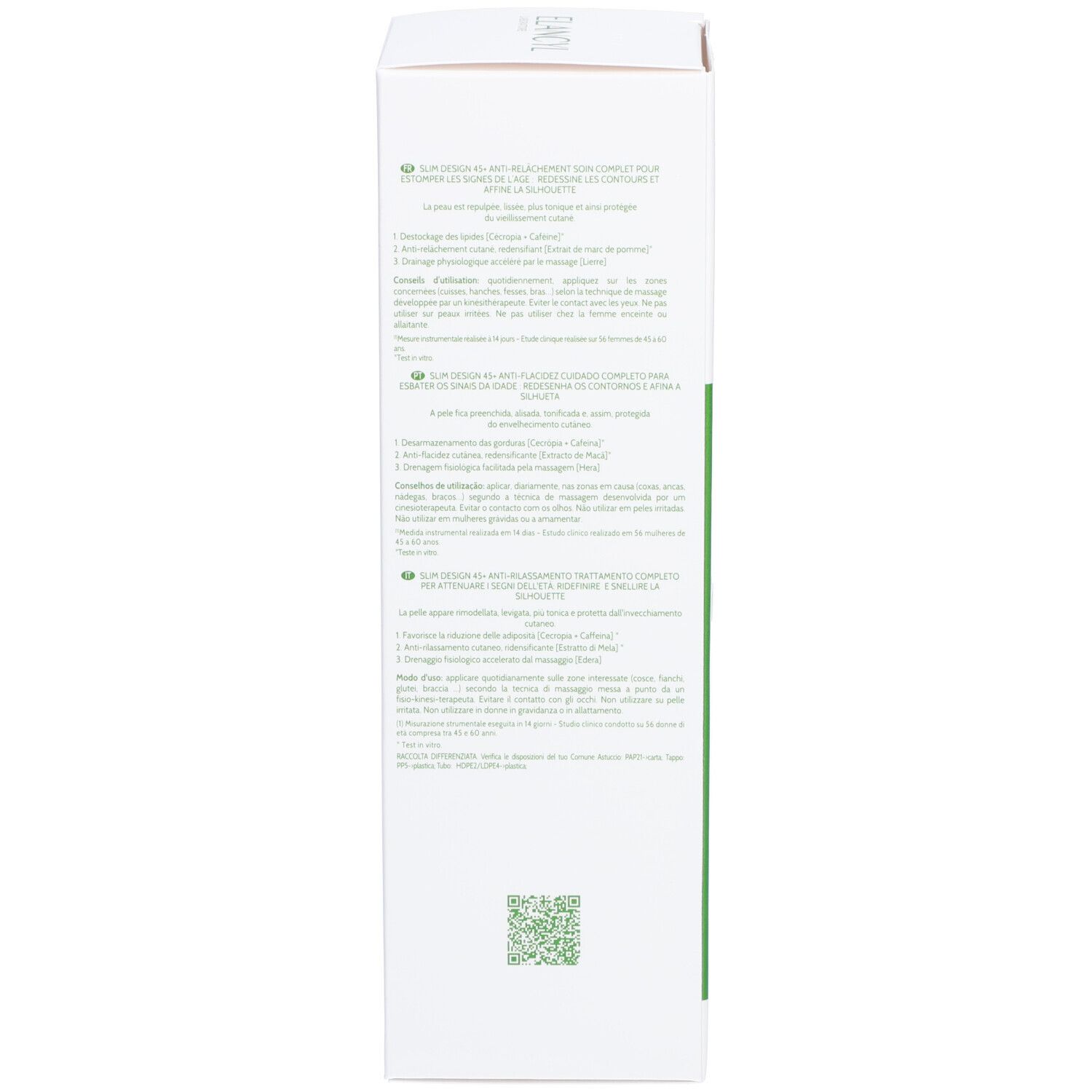Dos de l'emballage. Texte multilingue. Couleurs vert et blanc.