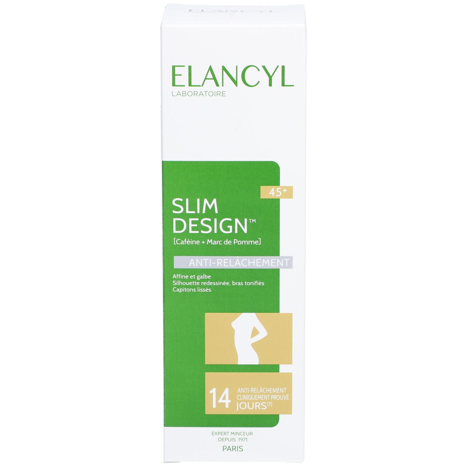 Emballage produit. Logo ELANCYL, Slim Design, Anti-Relâchement. Silhouette féminine. 14 jours.