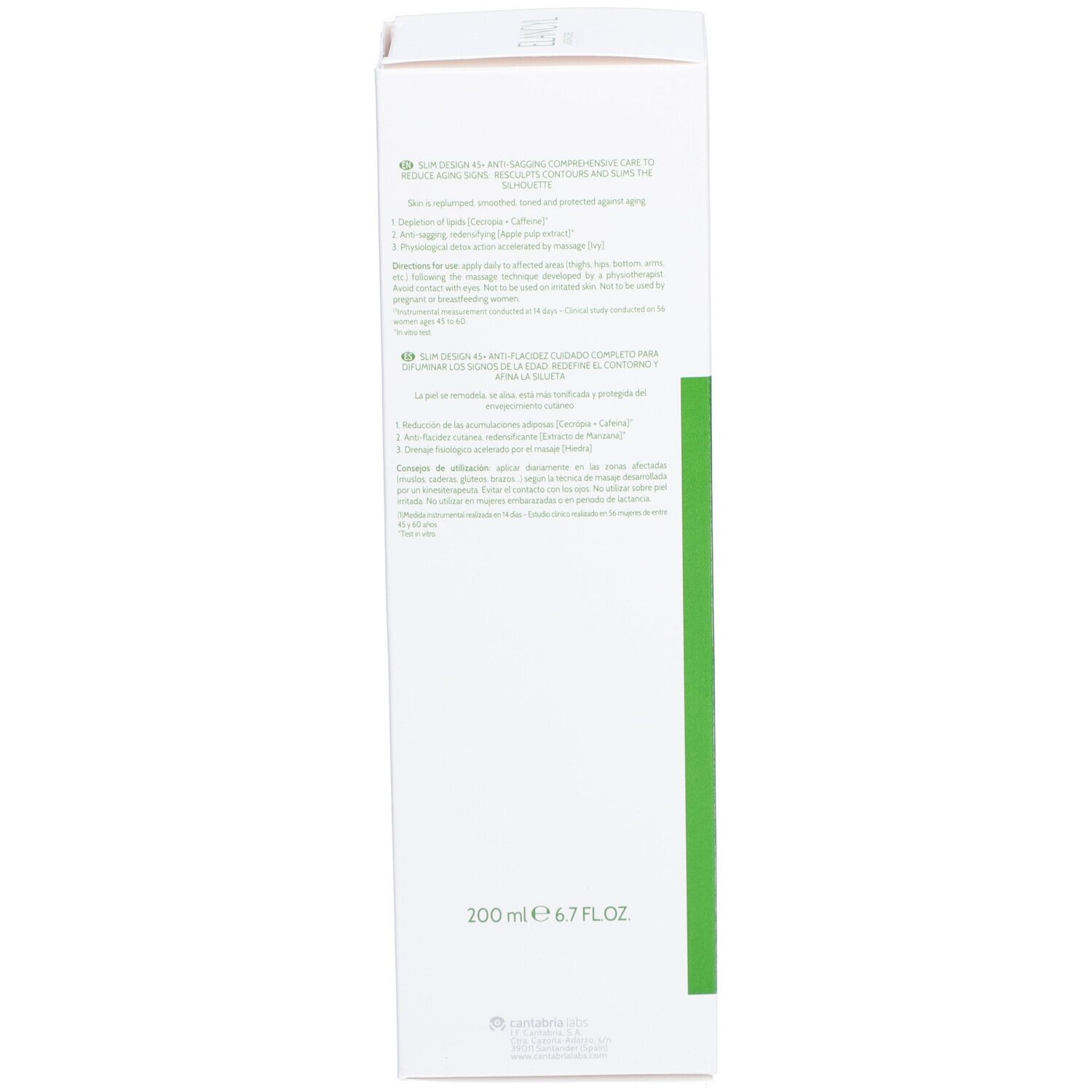 Dos de l'emballage. Texte multilingue. 200 ml. 6.7 FL.OZ. Couleurs vert et blanc.
