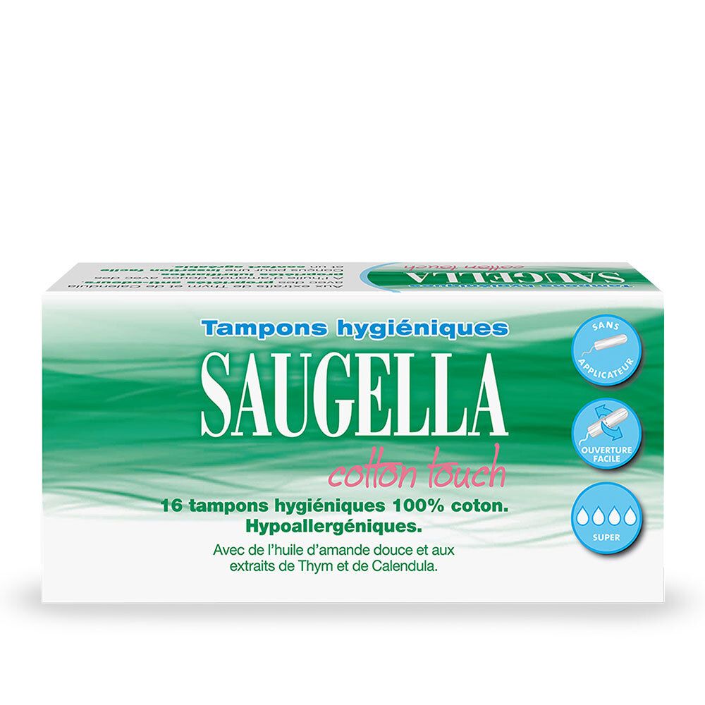 Boîte de tampons hygiéniques SAUGELLA Cotton Touch. 16 tampons 100% coton. Hypoallergéniques.