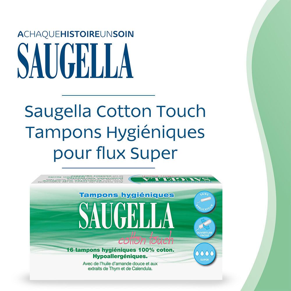 SAUGELLA Cotton Touch Tampons pour flux Super. Texte et boîte de tampons.