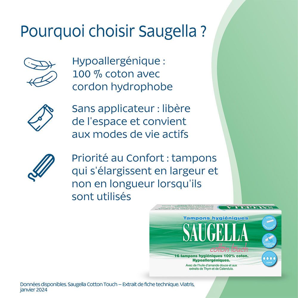 SAUGELLA Cotton Touch. Avantages : hypoallergénique, sans applicateur, confort.