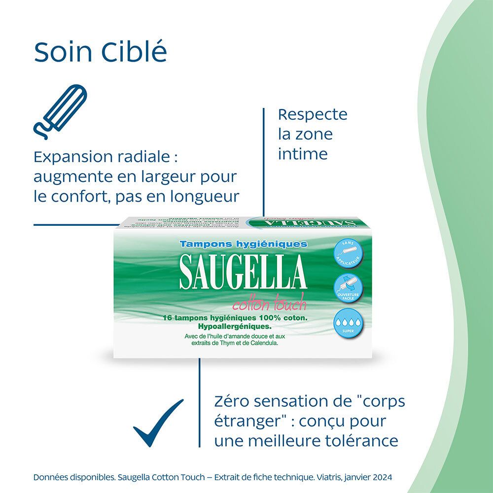 SAUGELLA Cotton Touch. Expansion radiale, confort. Respecte la zone intime.