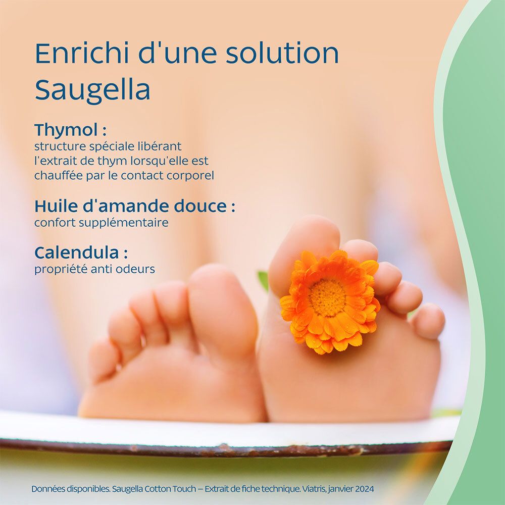 Pieds avec fleur. SAUGELLA Cotton Touch. Thymol, huile d'amande, calendula.