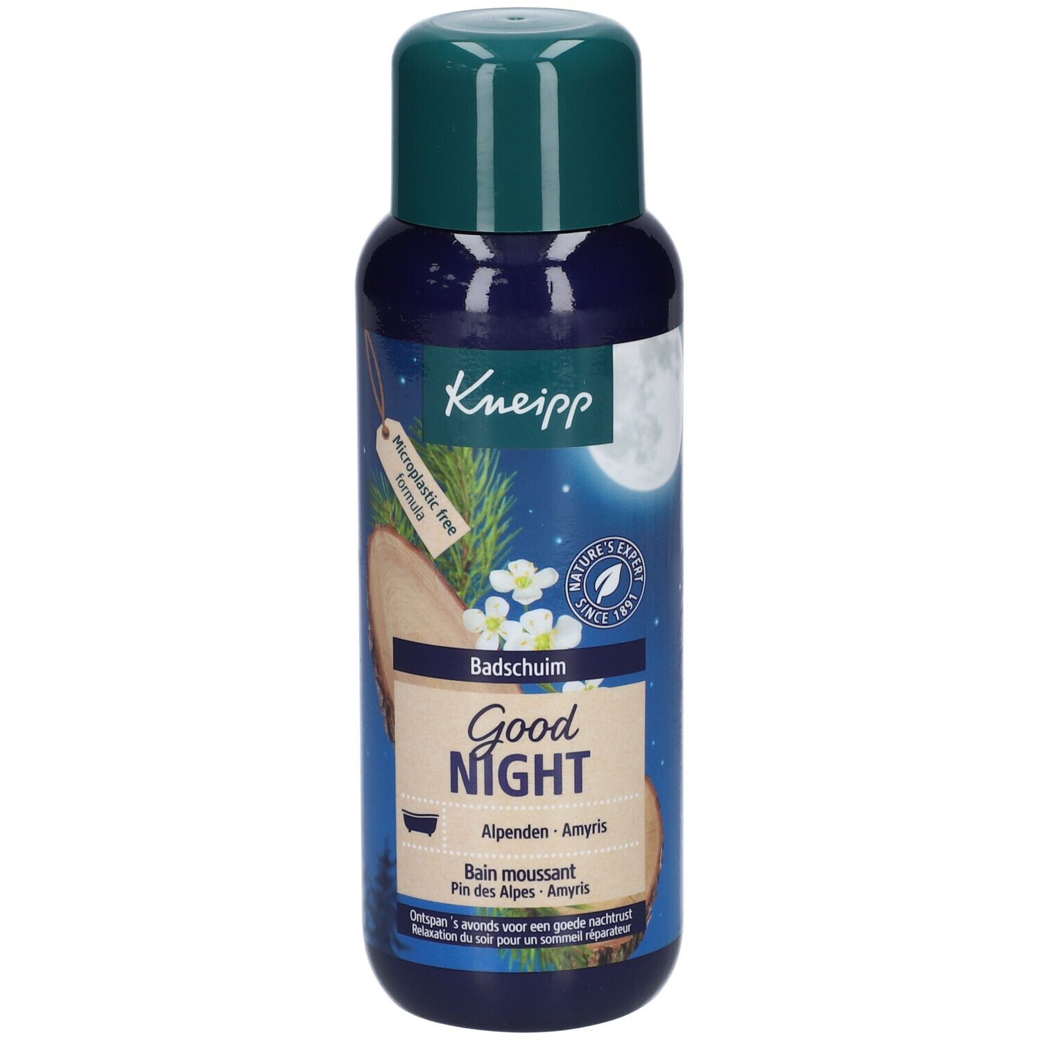 Flacon bleu avec bouchon vert. Inscription: Kneipp, Good Night, Bain moussant. Illustration: Lune, rondin de bois, fleurs.