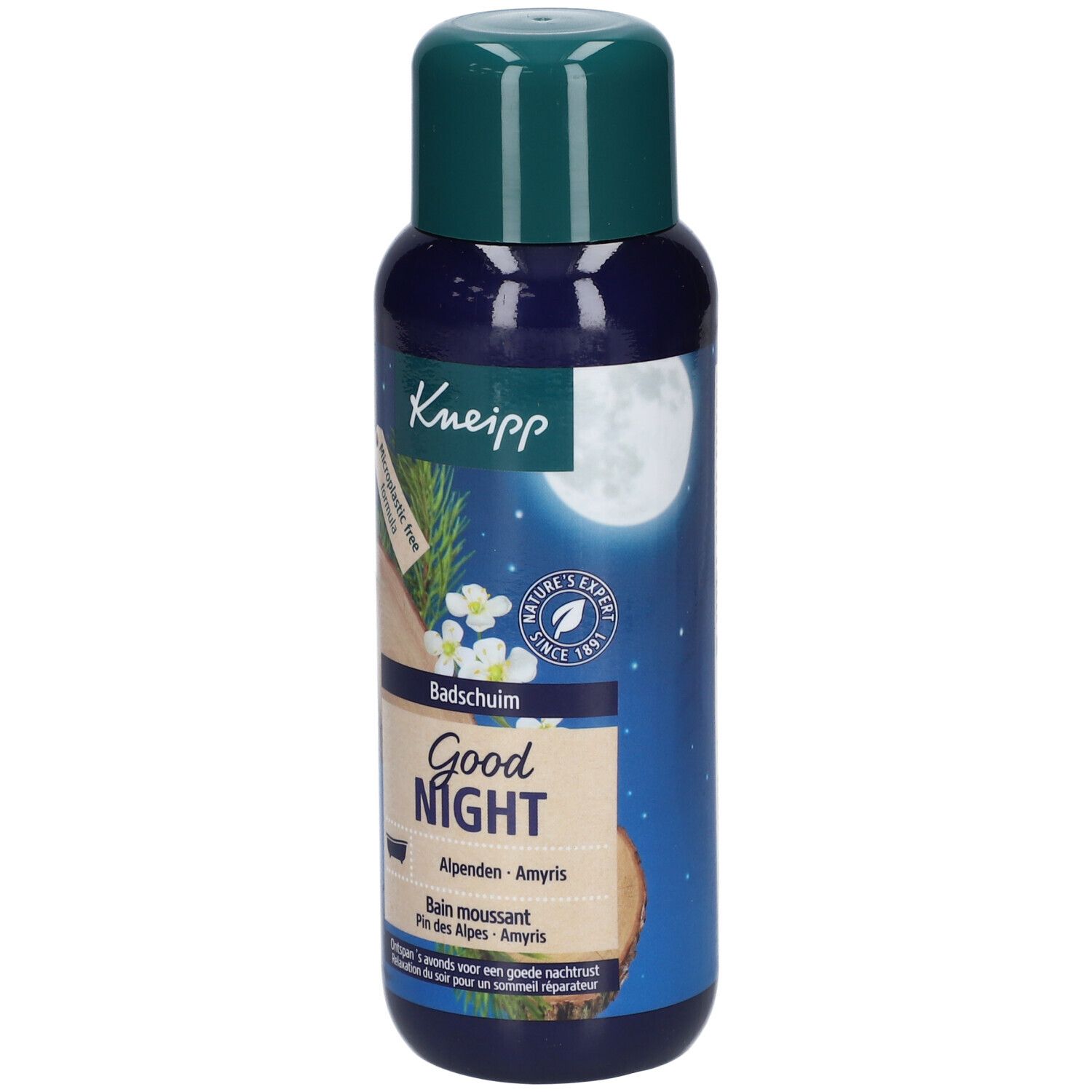 Flacon bleu avec bouchon vert. Inscription: Kneipp, Good Night, Bain moussant. Illustration: Lune, rondin de bois, fleurs.