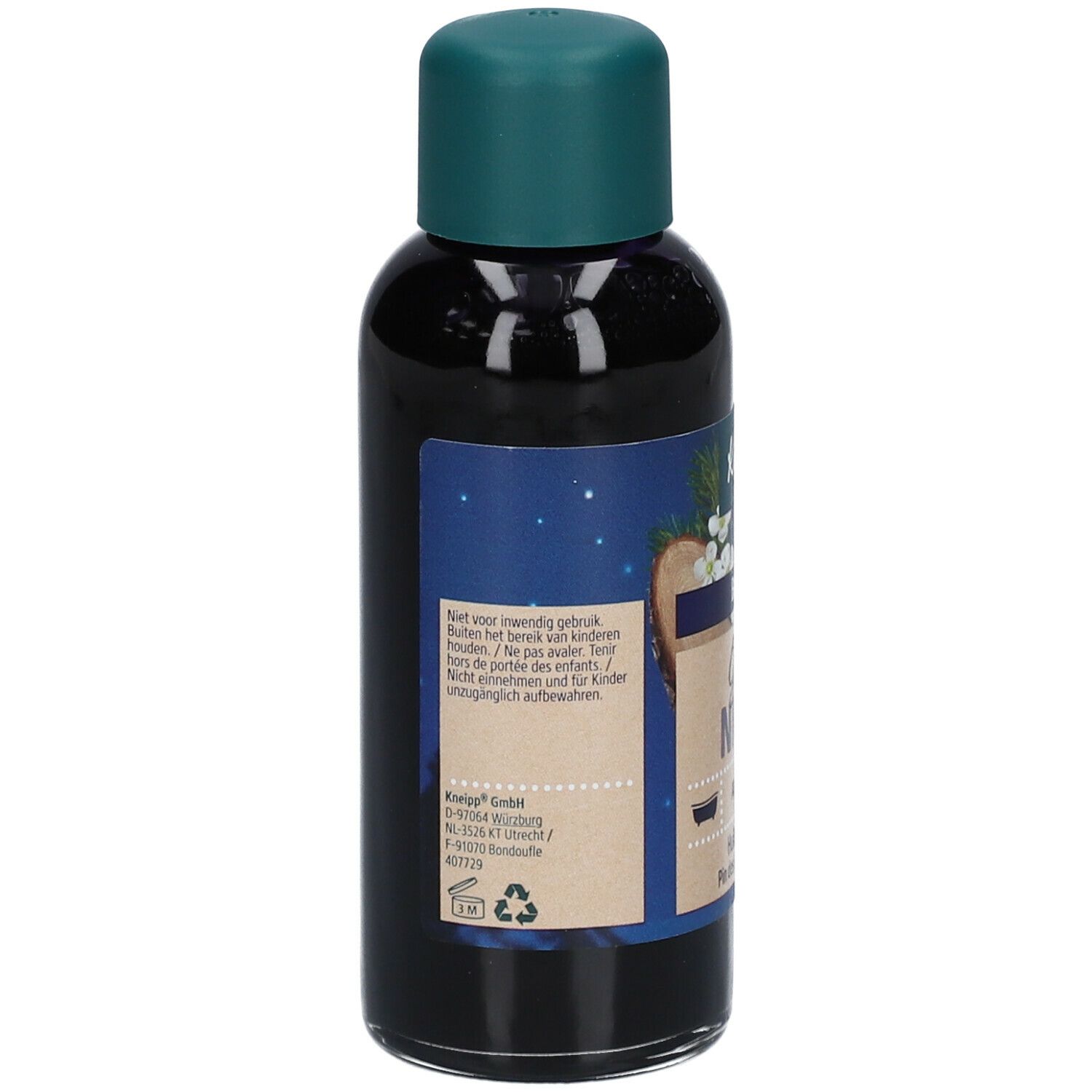 Rückseite der Kneipp Badezusatz Flasche. Text und Logo. Grüner Deckel, dunkle Flüssigkeit.