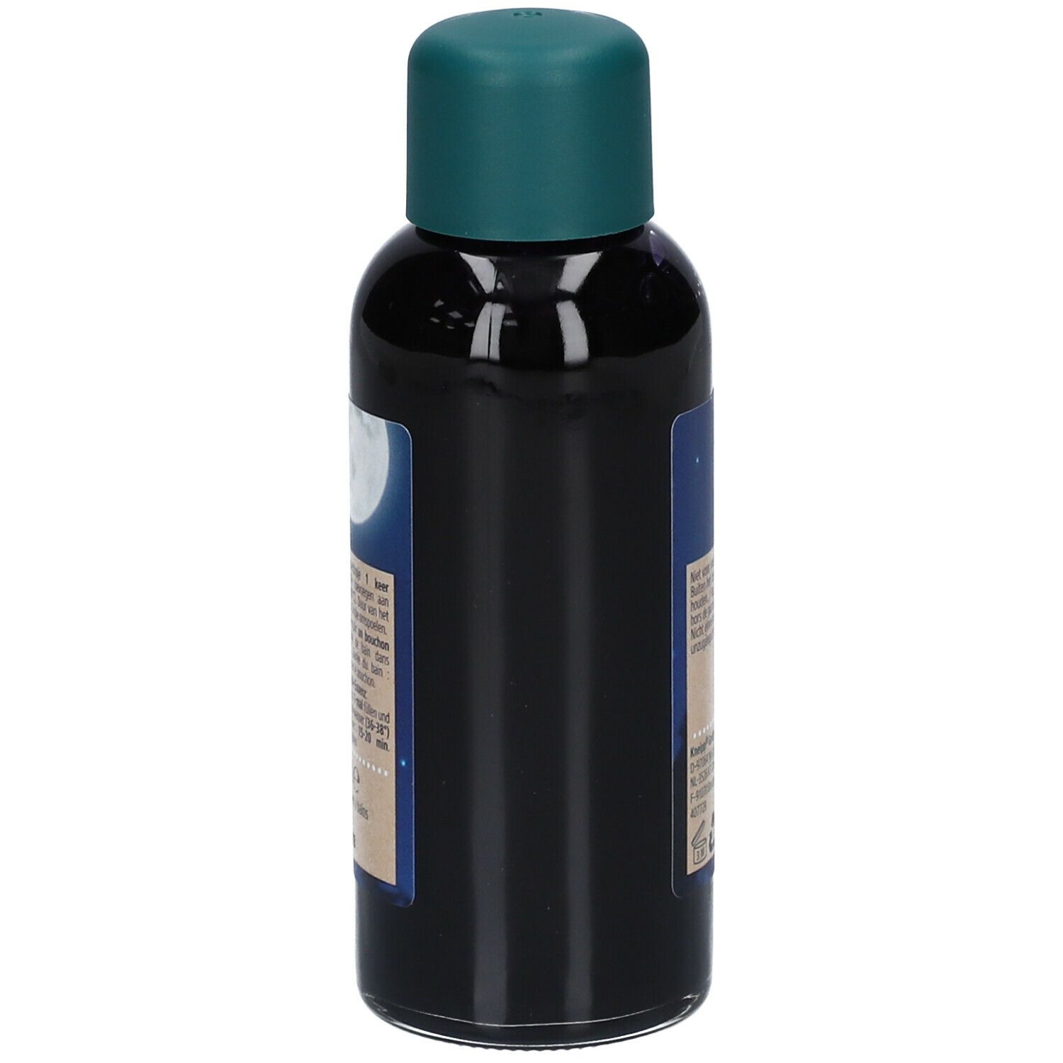 Rückansicht der Kneipp Badezusatz Flasche. Grüner Deckel, dunkle Flüssigkeit, Text.