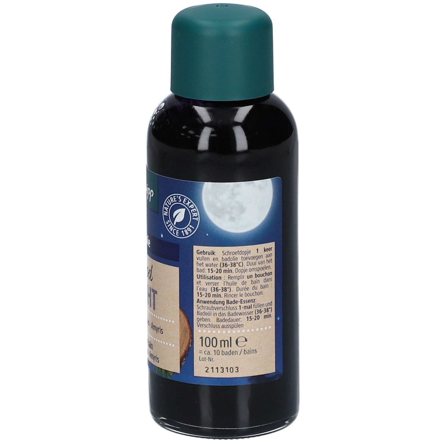 Rückseite der Kneipp Badezusatz Flasche. Text, grüner Deckel, dunkle Flüssigkeit.
