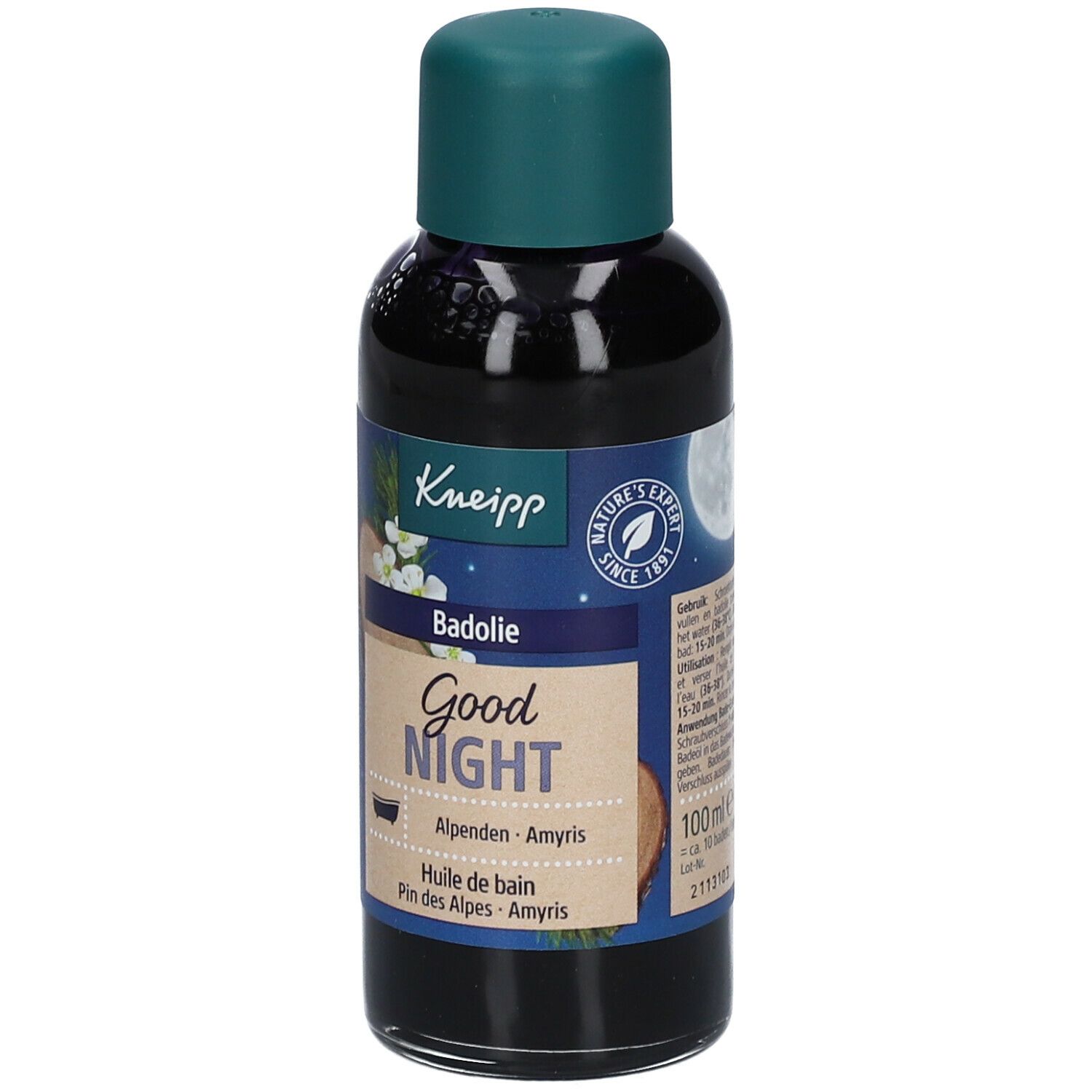 Kneipp Badezusatz Flasche. Grüner Deckel, dunkle Flüssigkeit. Aufschrift: Good Night, Badolie.