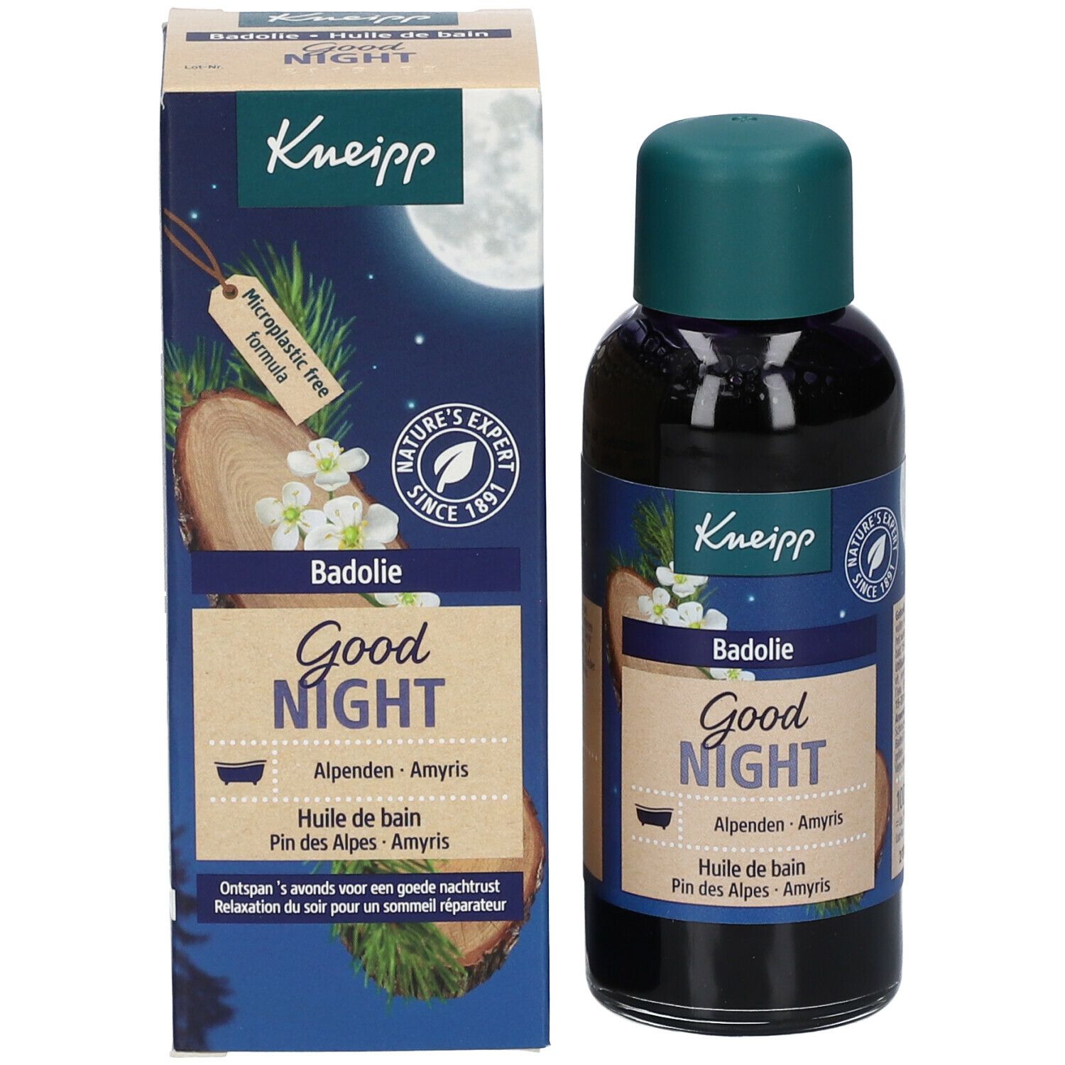 Kneipp Badezusatz Flasche und Verpackung. Aufschrift: Good Night, Badolie. Grüner Deckel.