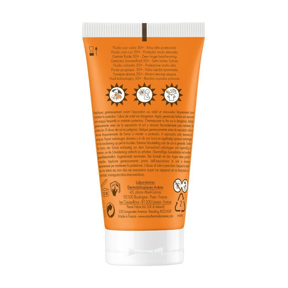 Oranje tube, witte dop. Tekst: SPF 50+, UVB UVA Blauw licht HEV. Achterkant: meertalige tekst.