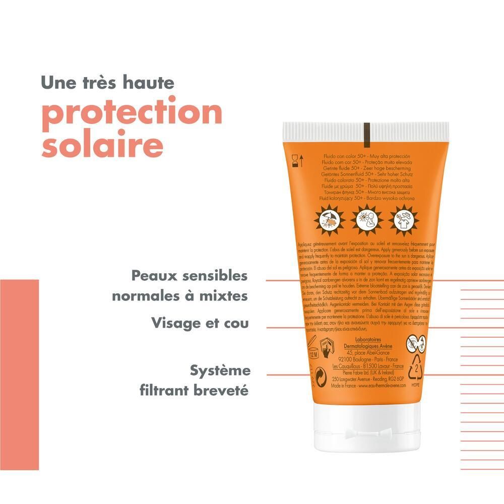 Oranje tube met witte dop. Tekst: Hoge bescherming, gevoelige huid, gezicht en hals, gepatenteerd filtersysteem.