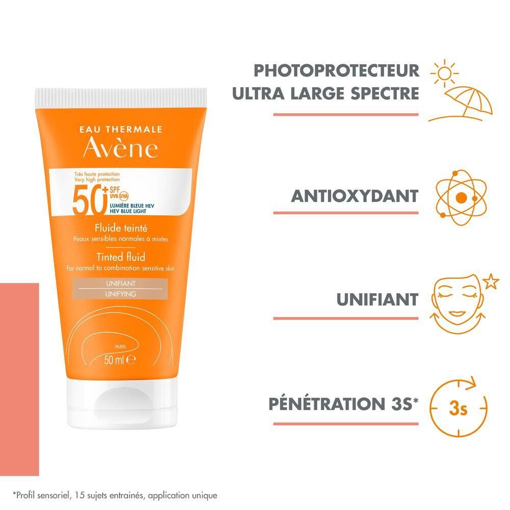 Oranje tube met witte dop. Tekst: Eau Thermale Avène, SPF 50+, getinte fluid, gevoelige huid, 50ml.