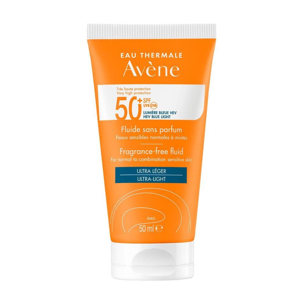 Orange Tube mit weißem Deckel. Text: Eau Thermale Avène, 50+ SPF, Fluiide sans parfum. Ultra léger. 50 ml.