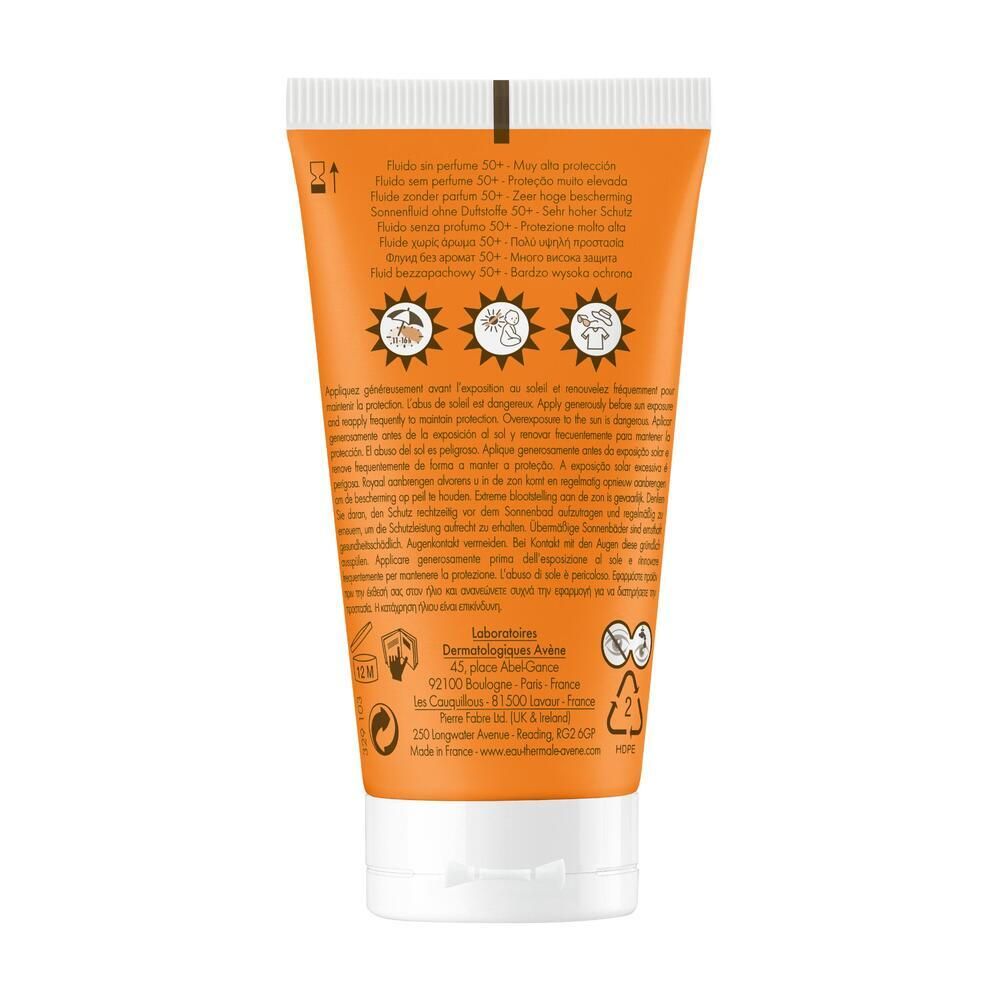 Rückseite einer orangefarbenen Tube. Text: Fluiide sans parfum 50+, Anwendungshinweise, Inhaltsstoffe, Logos.
