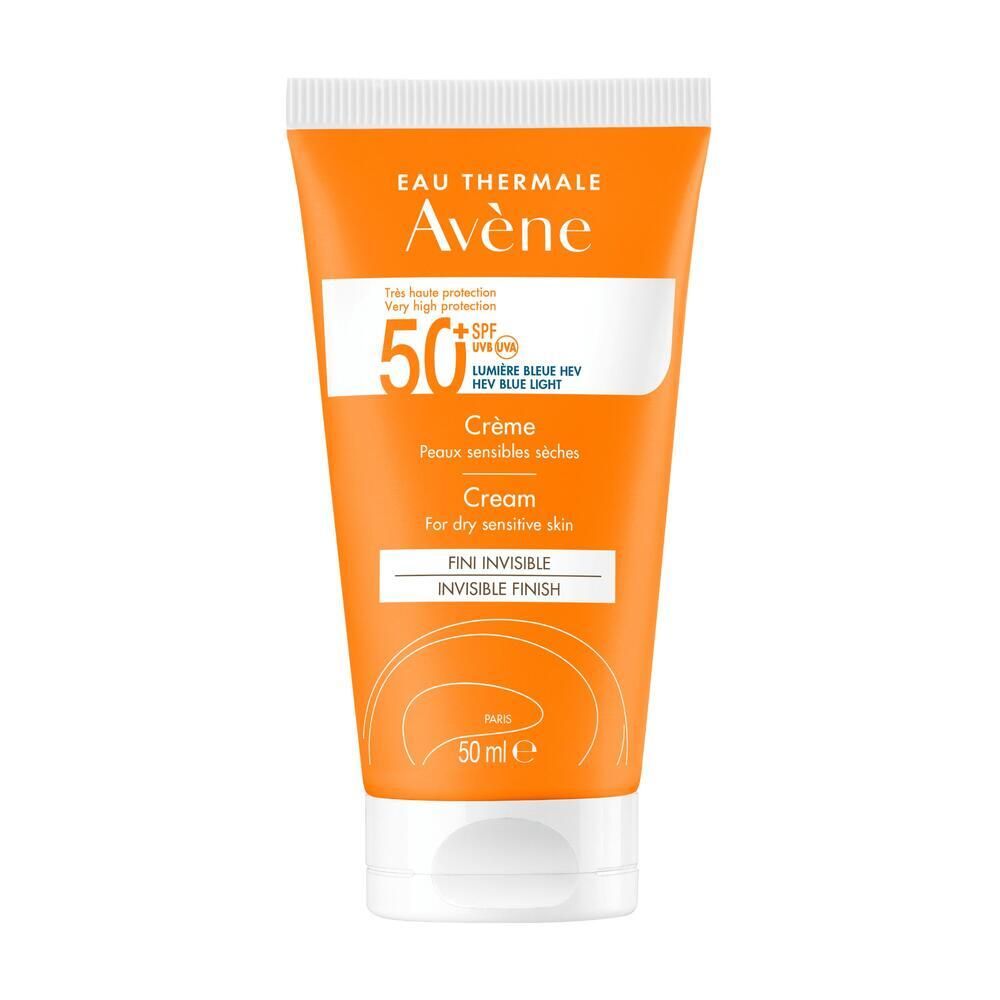 Tube orange de crème solaire. Texte: Eau Thermale Avène, SPF 50+, Crème, 50 ml.
