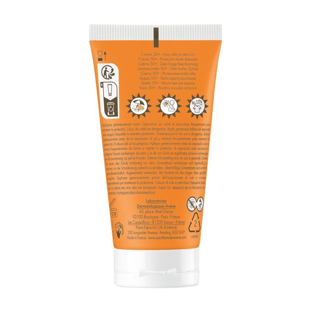 Dos du tube de crème solaire. Texte: Crème SPF 50+, ingrédients, adresse du fabricant.