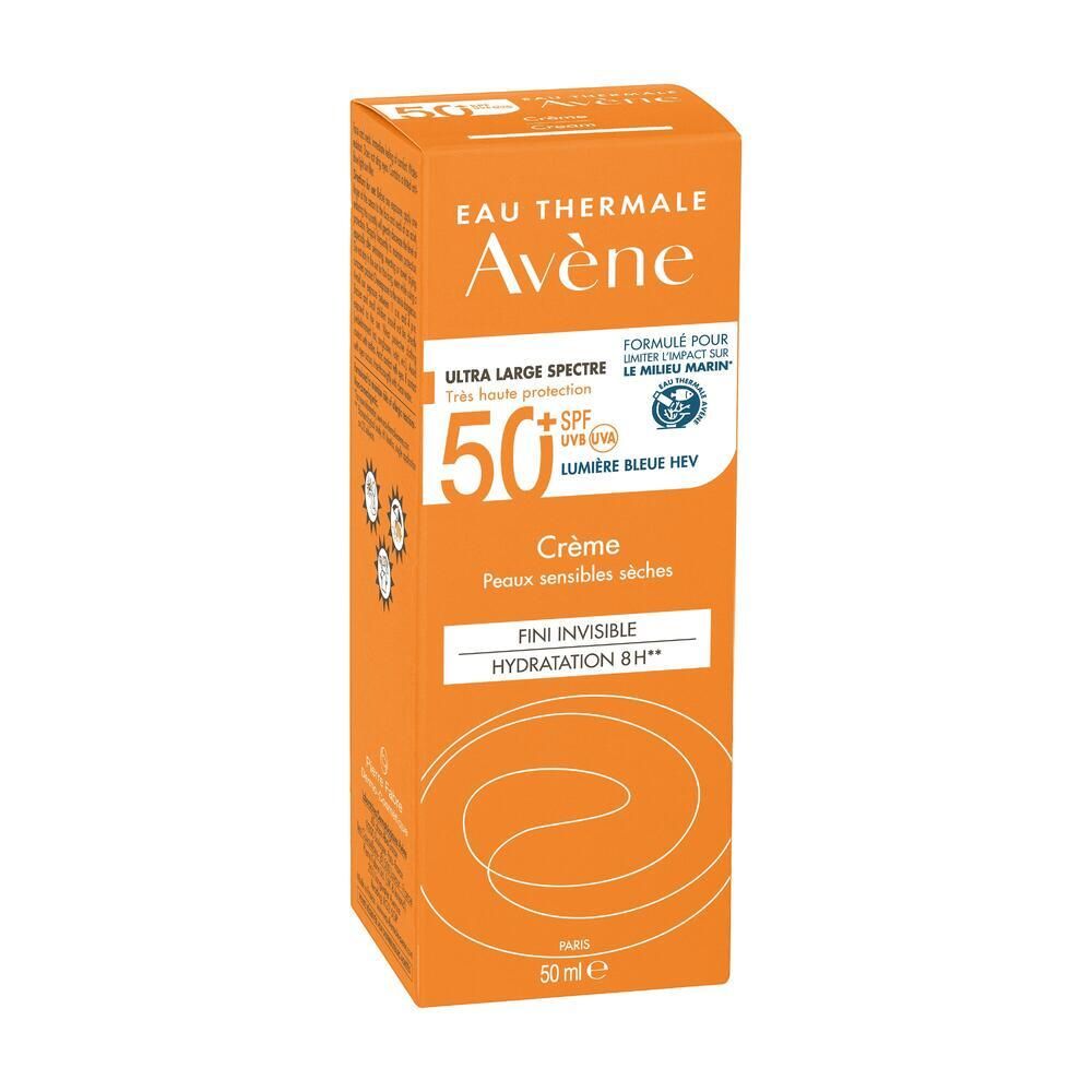 Emballage orange de crème solaire. Texte: Eau Thermale Avène, SPF 50+, Crème, 50 ml.