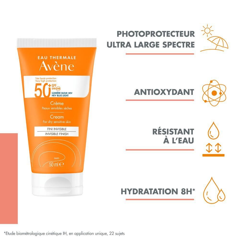 Tube orange avec texte. Texte: Eau Thermale Avène, SPF 50+, Crème, fini invisible, 50 ml.