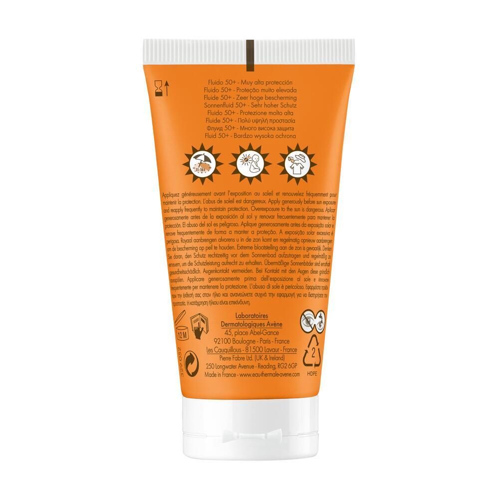 Rückseite der Avène Solaire Fluid SPF50+ Tube. Text: Anwendungshinweise, Inhaltsstoffe, Herstellerinformationen, Recycling-Symbole.