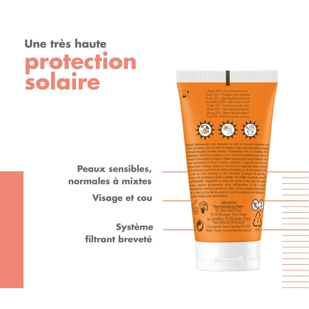 Rückseite der Avène Solaire Fluid SPF50+ Tube. Text: Hoher Sonnenschutz, für empfindliche Haut, Gesicht und Hals, patentiertes Filtersystem.