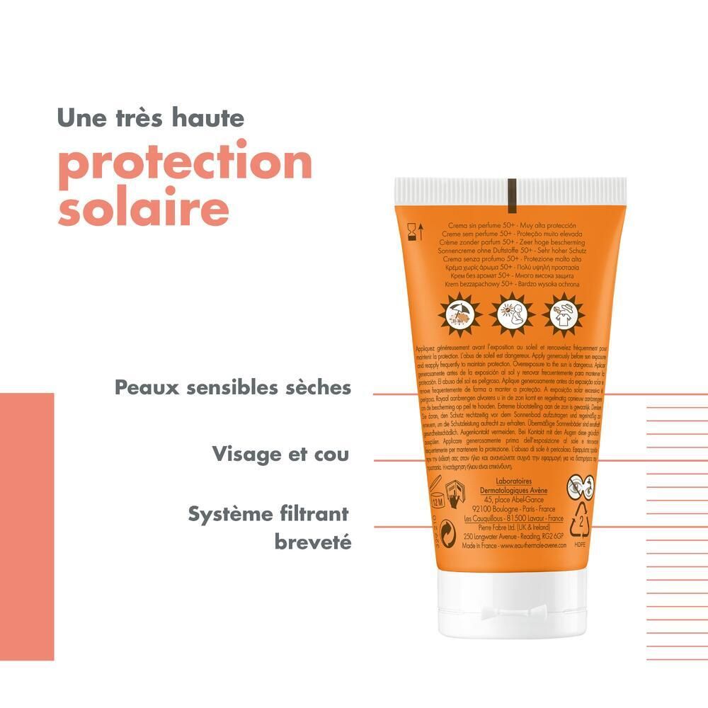 Tube mit Text: Très haute protection solaire, Peaux sensibles sèches, Visage et cou, Système filtrant breveté.