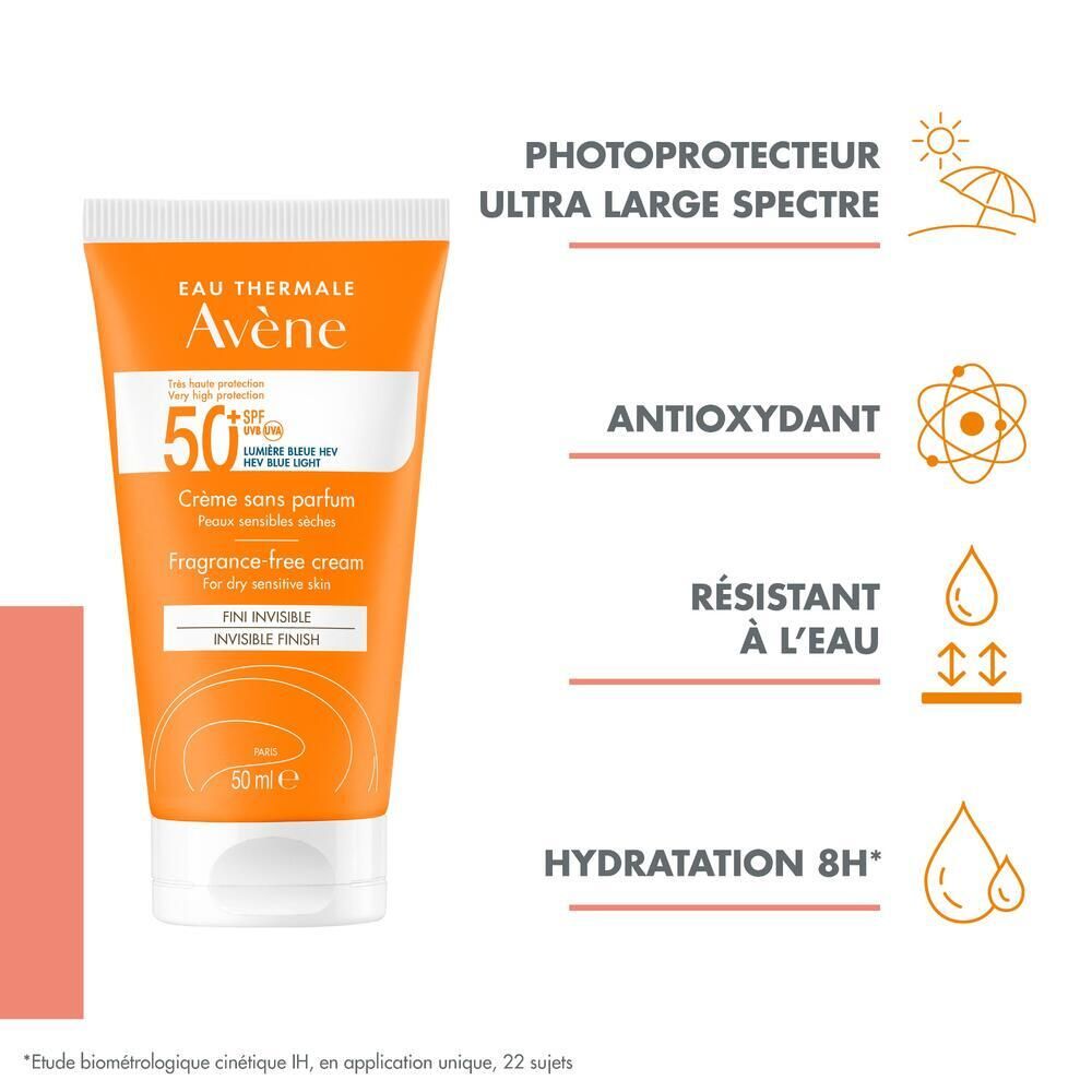 Tube mit Text: Photoprotecteur ultra large spectre, Antioxydant, Résistant à l'eau, Hydratation 8H.