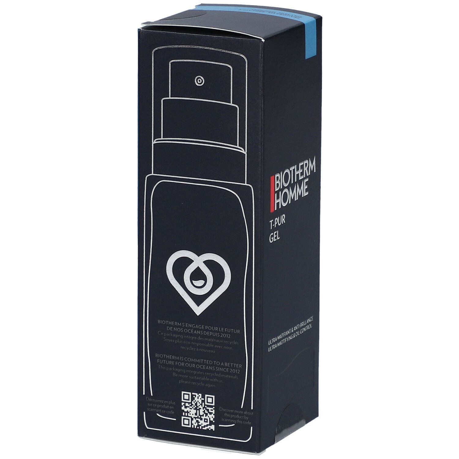 Schwarze Verpackung mit BIOTHERM HOMME T-PUR GEL. Abbildung einer Flasche mit Sprühkopf und Logo. QR-Code.