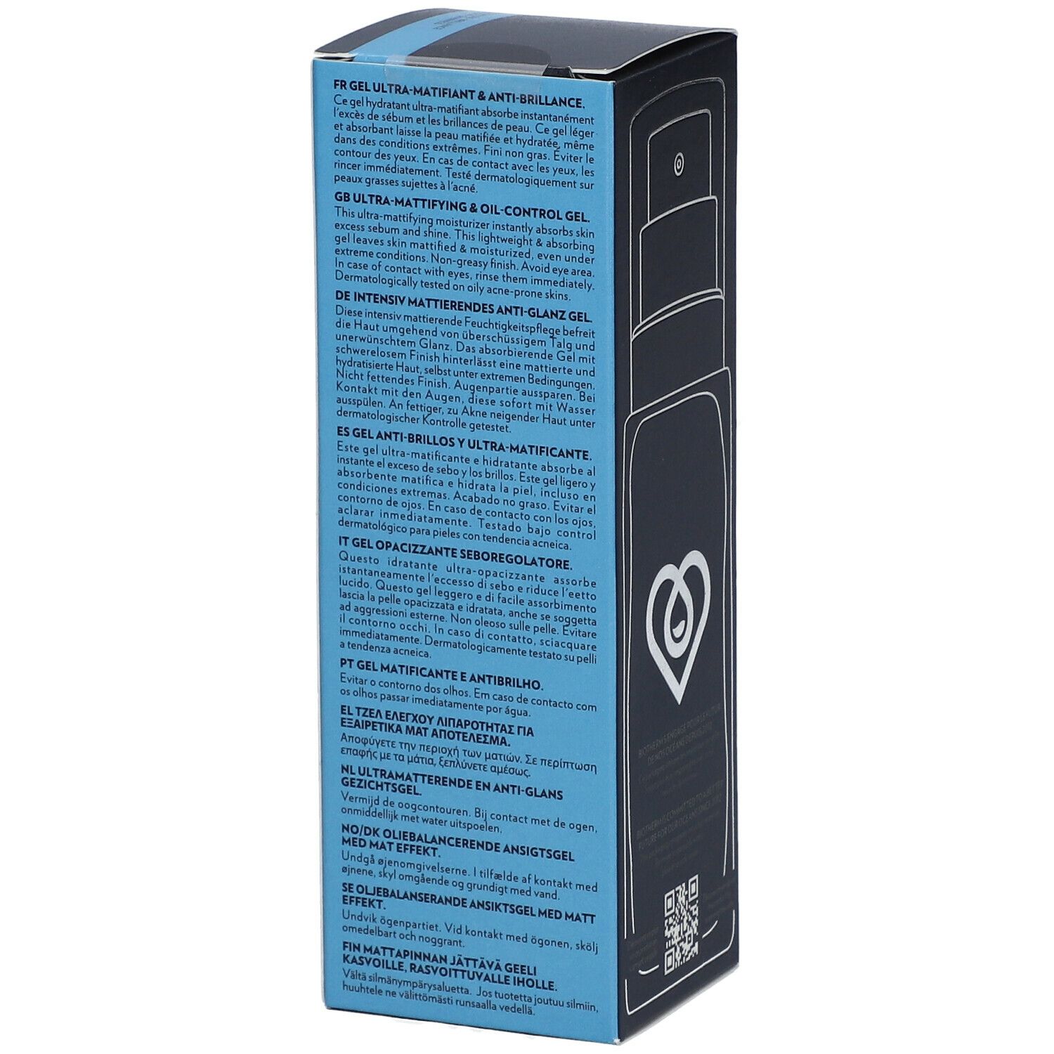 Verpackung mit Text in mehreren Sprachen. Enthält Informationen zu Inhaltsstoffen und Anwendung. Logo und QR-Code.