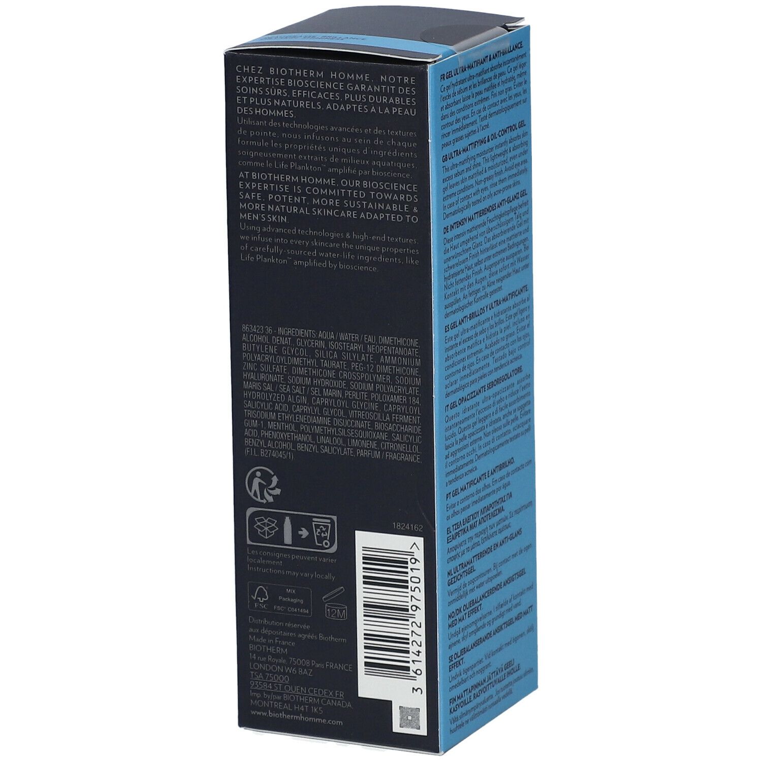 Rückseite der Verpackung mit Text. Enthält Informationen über die Marke und Inhaltsstoffe. Barcode.