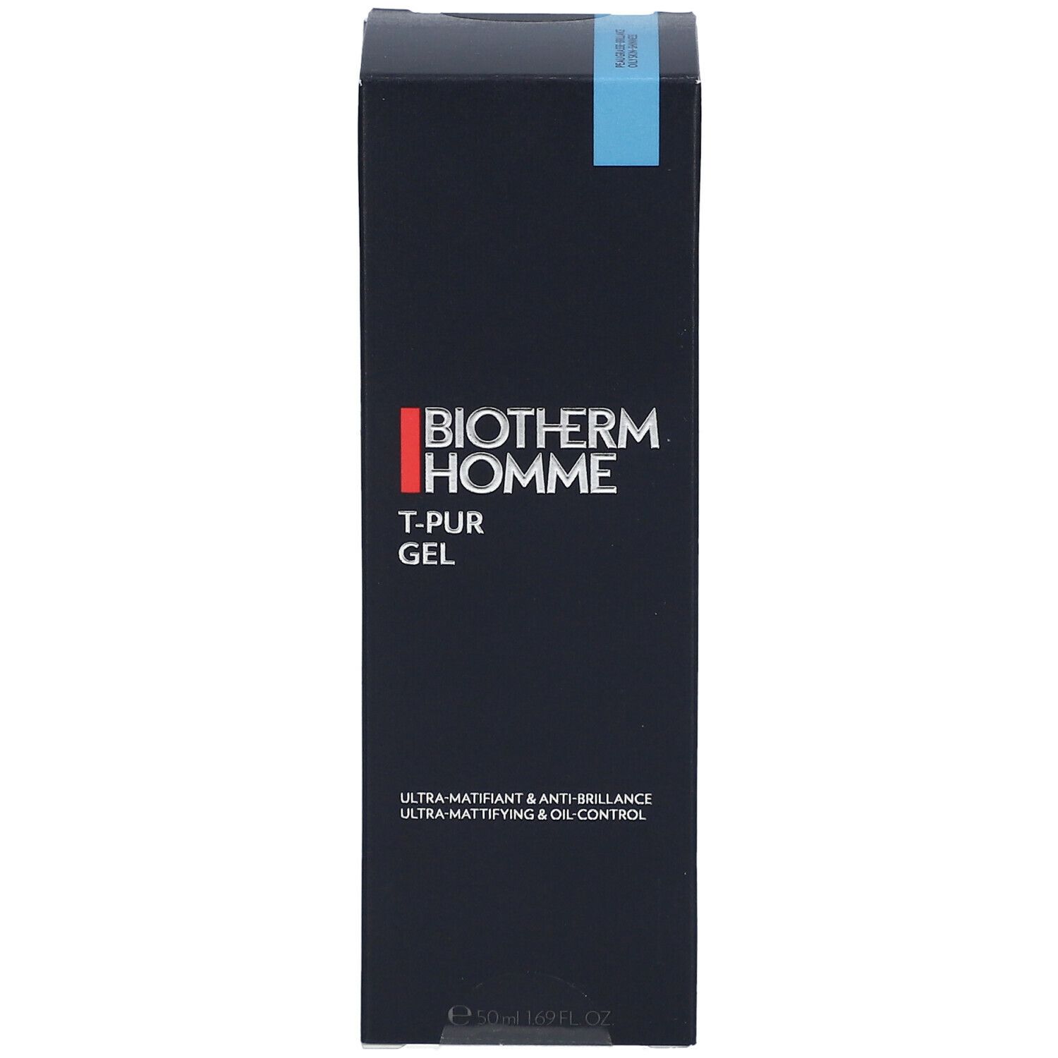 Schwarze Verpackung mit BIOTHERM HOMME T-PUR GEL-Logo. Text: Ultra-Mattifiant & Anti-Brillance, Ultra-Mattifying & Oil Control.