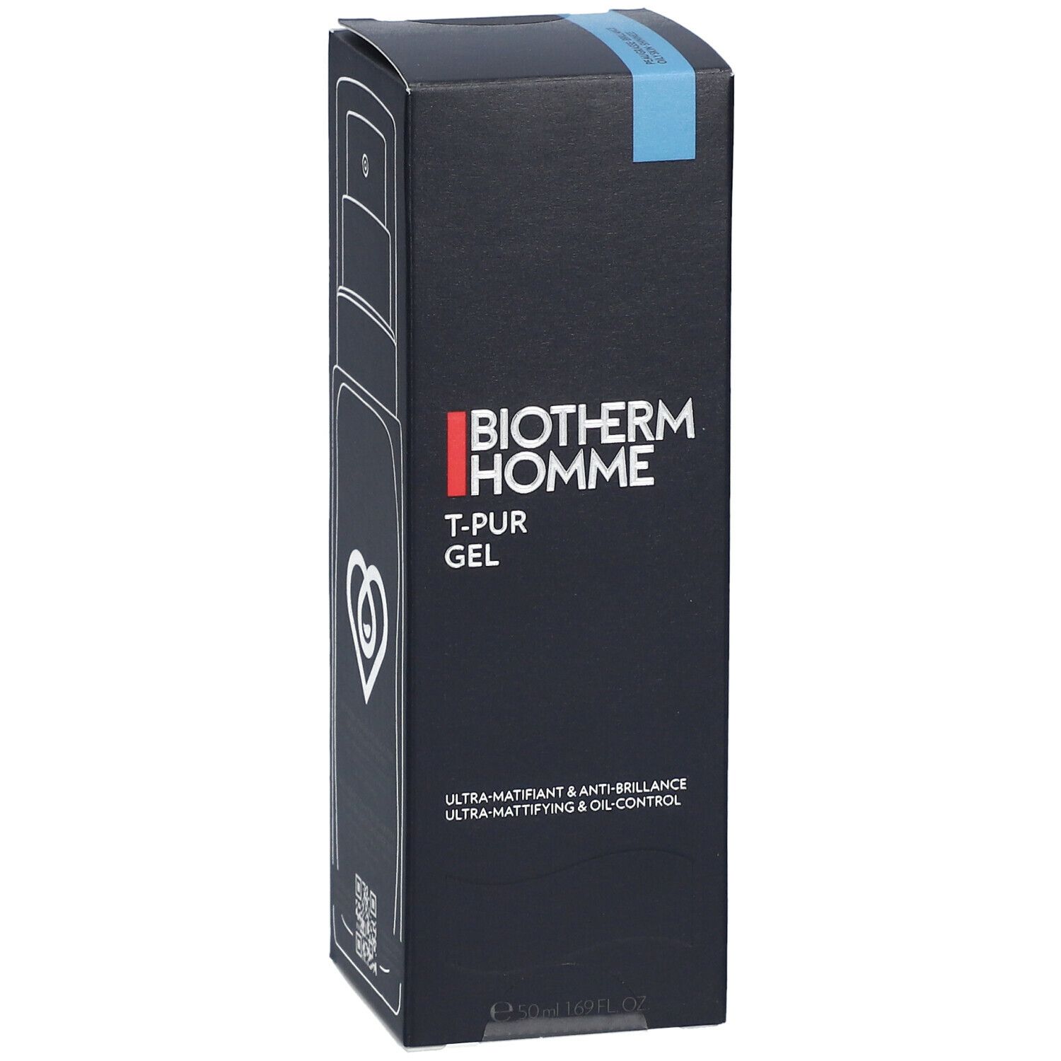 Schwarze Verpackung mit BIOTHERM HOMME T-PUR GEL. Logo und Text. Abbildung einer Flasche mit Sprühkopf.
