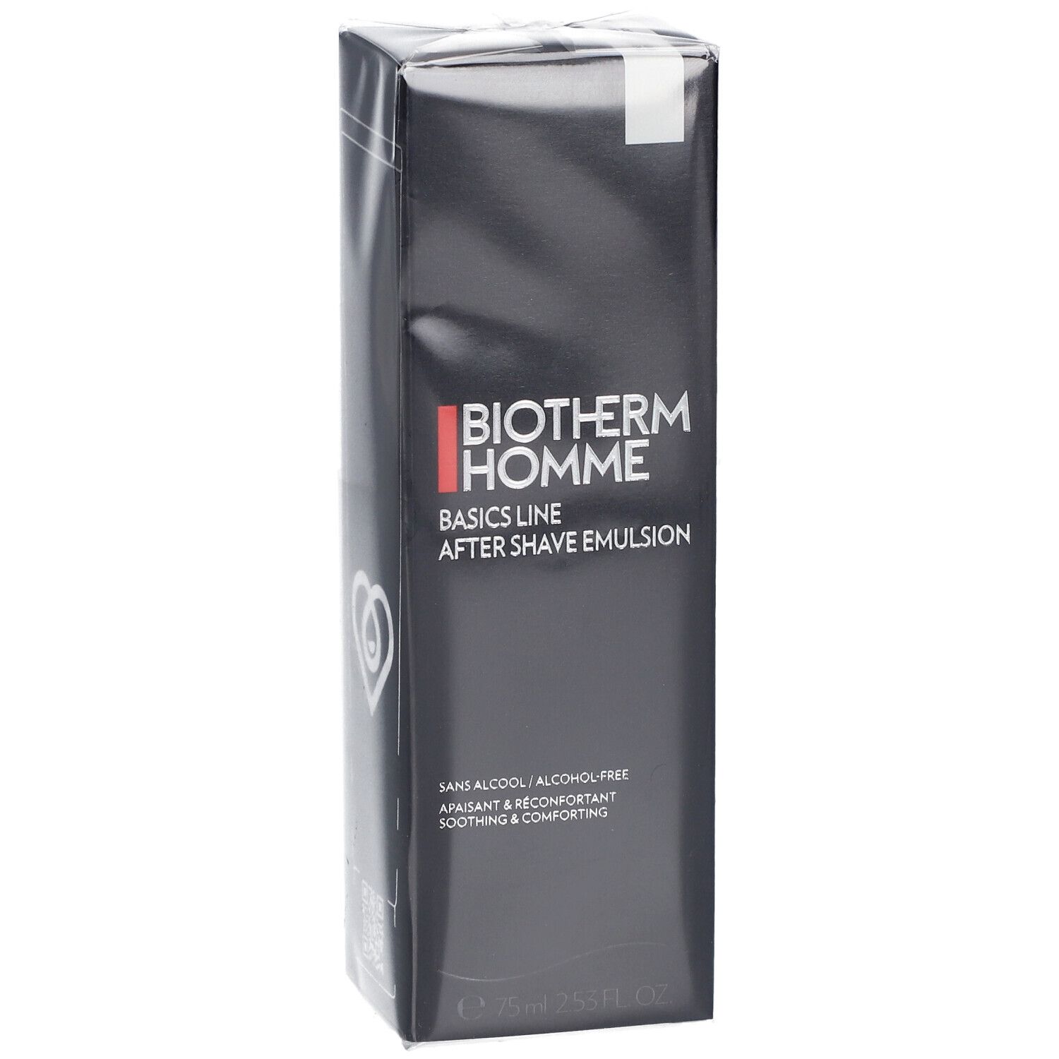 Emballage noir avec BIOTHERM HOMME, BASICS LINE, AFTER SHAVE EMULSION. Texte: SANS ALCOOL/ALCOHOL-FREE, APAISANT & RECONFORTANT, SOOTHING & COMFORTING. 75 ml.