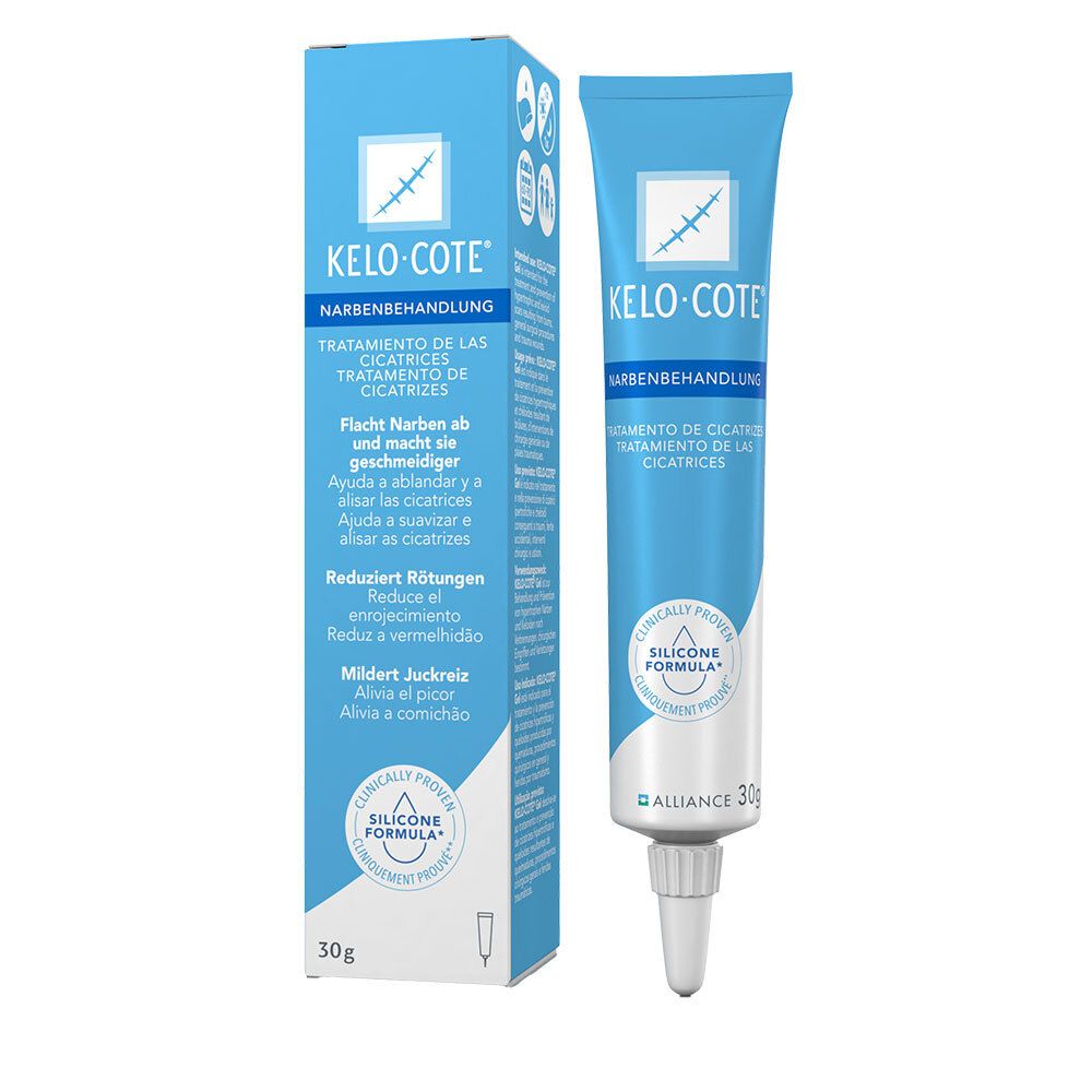 Kelo-Cote Gel, tube et boîte. Traitement des cicatrices. 30g. Emballage bleu avec informations produit.