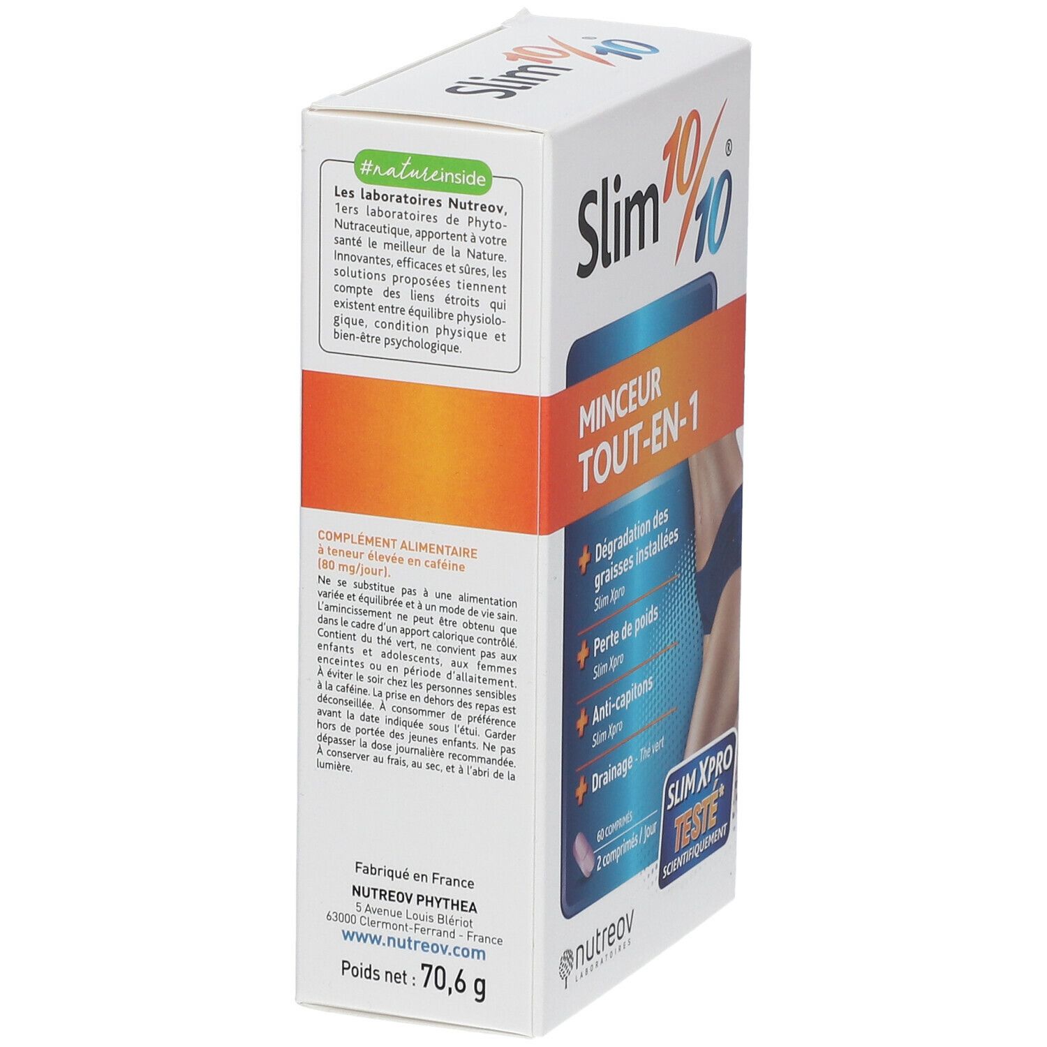 Vue latérale de la boîte Slim 10/10®. Texte : 'Minceur Tout-en-1'. Contient des informations sur le produit et la marque Nutreov.