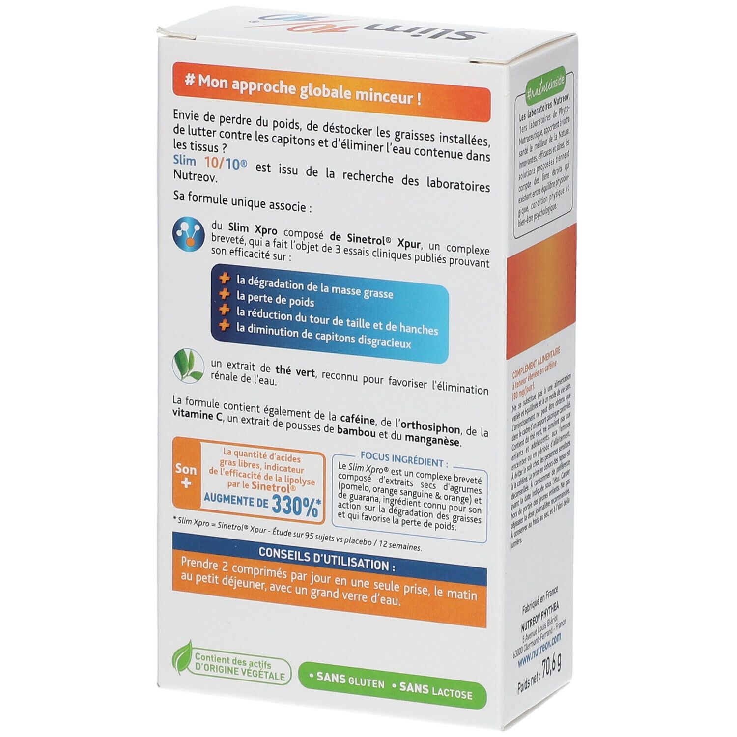Dos de la boîte Slim 10/10® avec informations produit. Contient du texte sur les ingrédients et l'utilisation.
