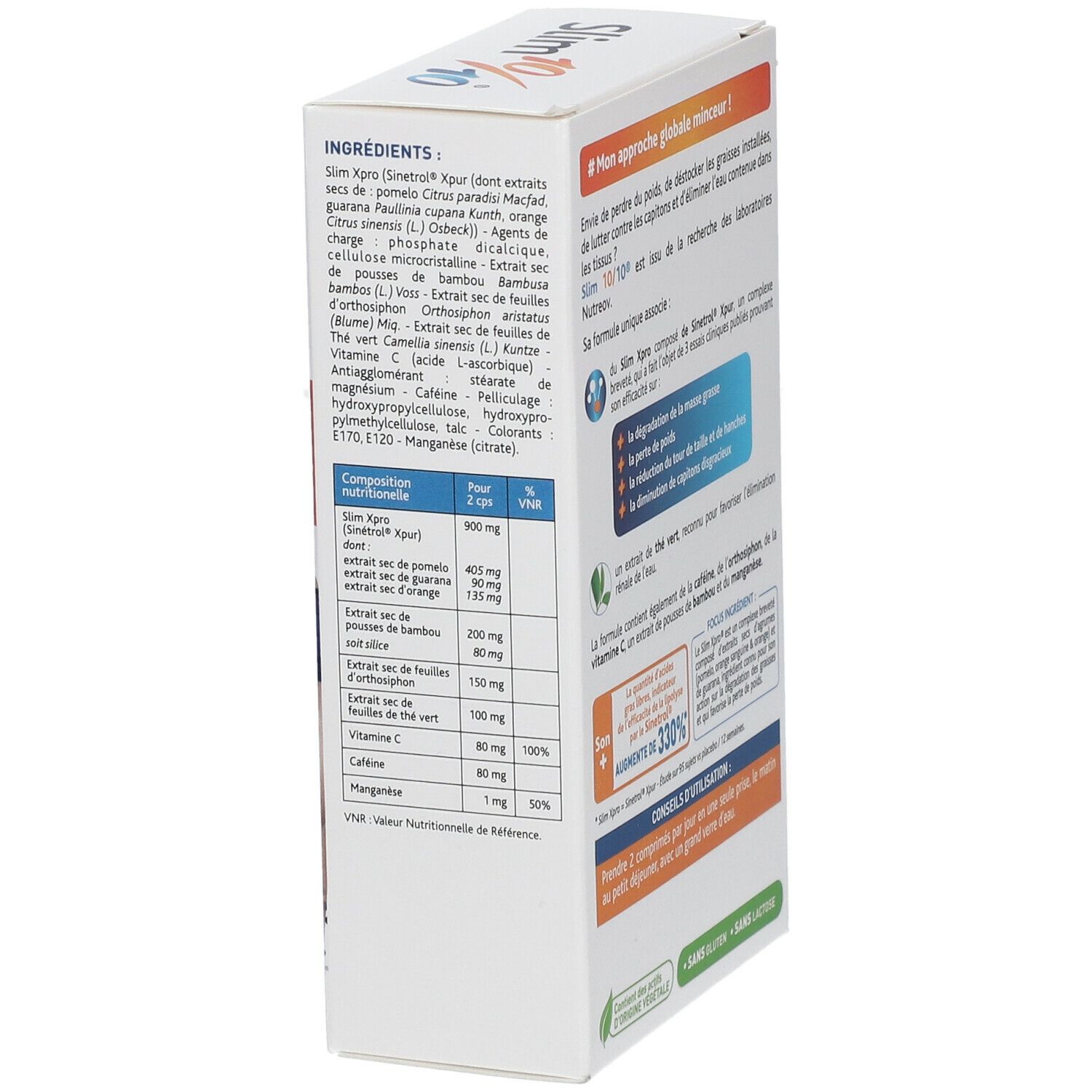 Vue latérale de la boîte Slim 10/10® avec liste des ingrédients et tableau nutritionnel. Marque Nutreov.