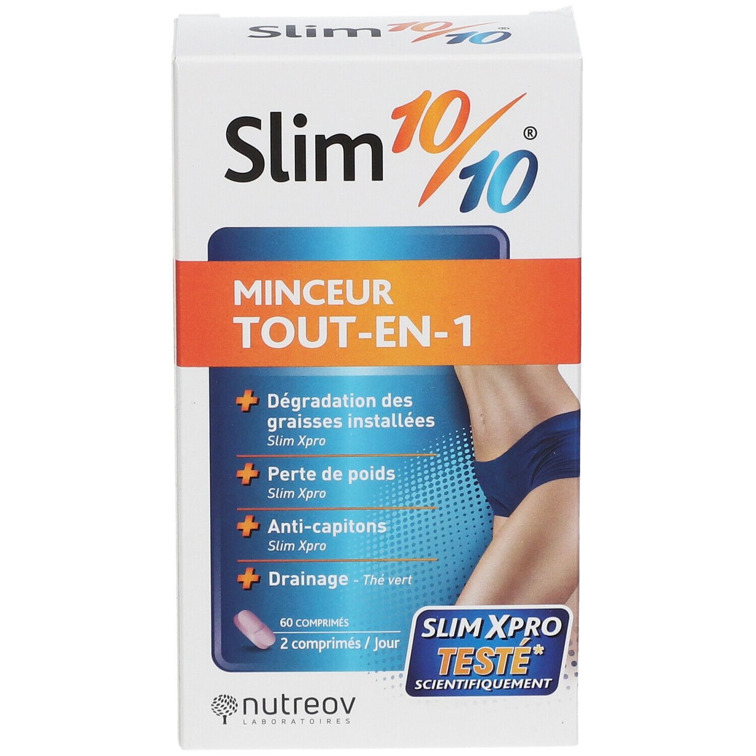 Boîte Slim 10/10® avec informations produit et illustration d'une femme. Contient 60 comprimés. Marque Nutreov.