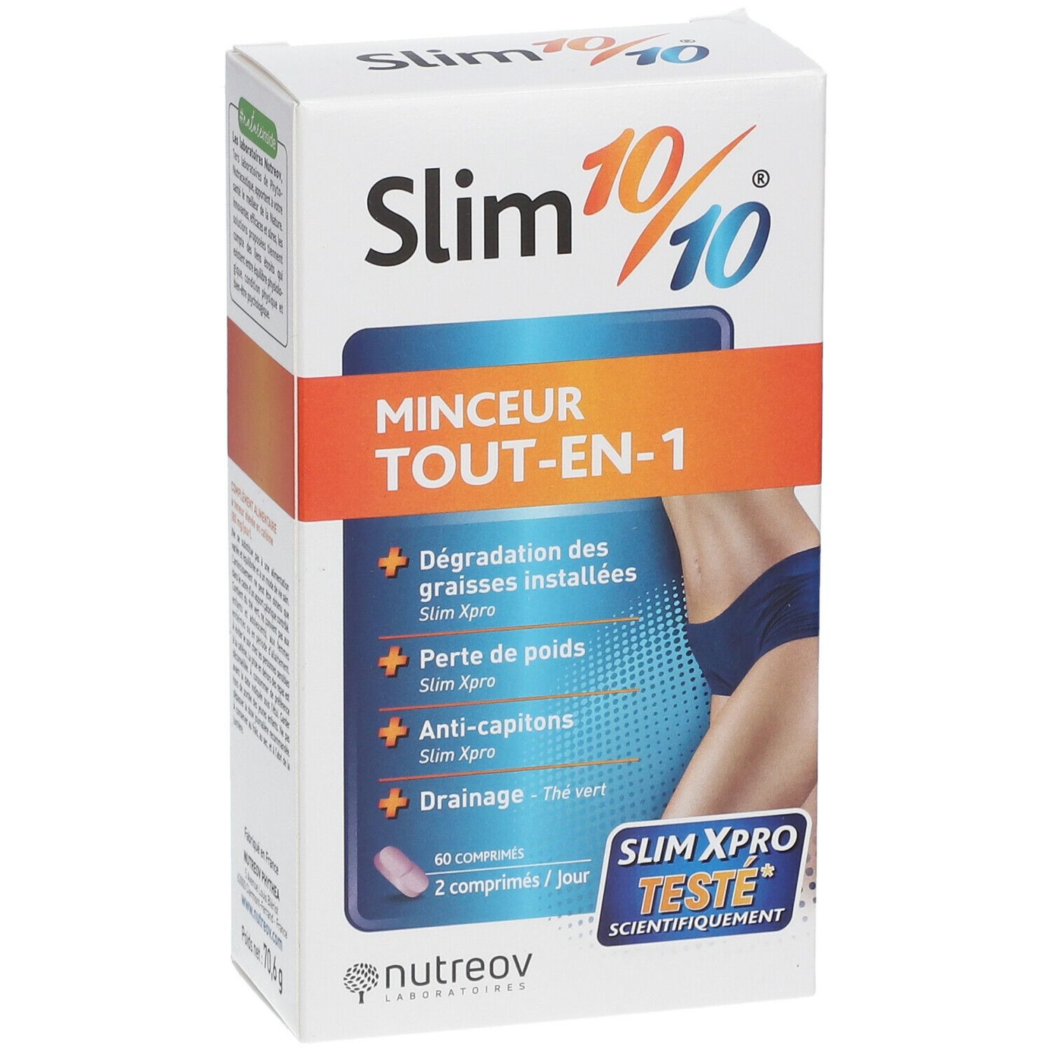 Boîte Slim 10/10® avec informations produit et illustration d'une femme. Contient 60 comprimés. Marque Nutreov.