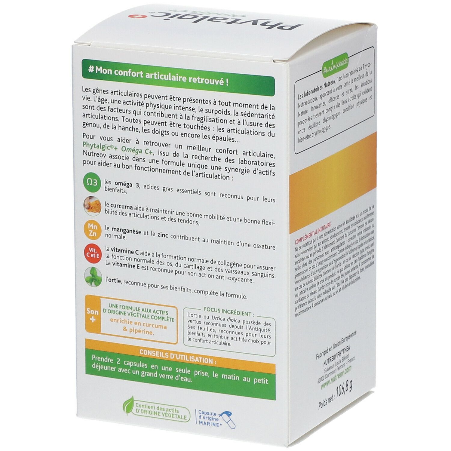 Dos de la boîte Nutreov Physcience Phytalgic® Oméga C+. Texte sur les bienfaits et l'utilisation. Poids net : 106,8 g.