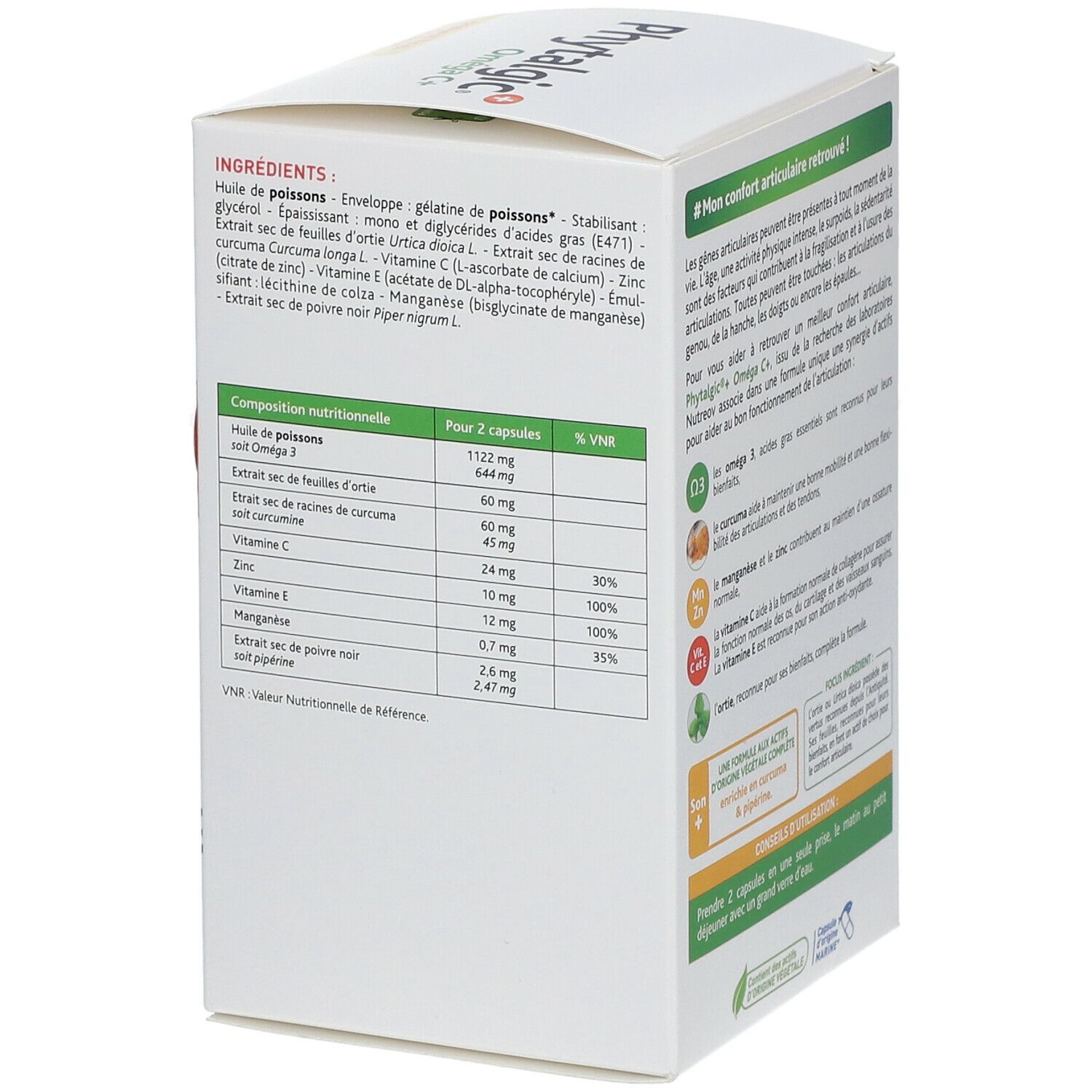 Dos de la boîte Nutreov Physcience Phytalgic® Oméga C+. Liste des ingrédients et informations nutritionnelles.